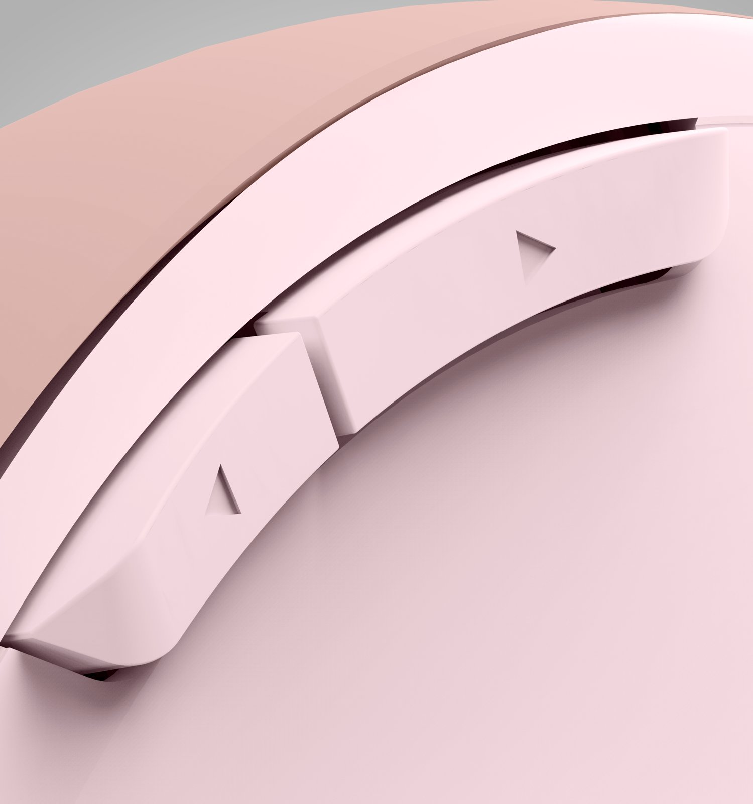 Primo piano di un dispositivo rosa con due pulsanti curvi e simboli di freccia.