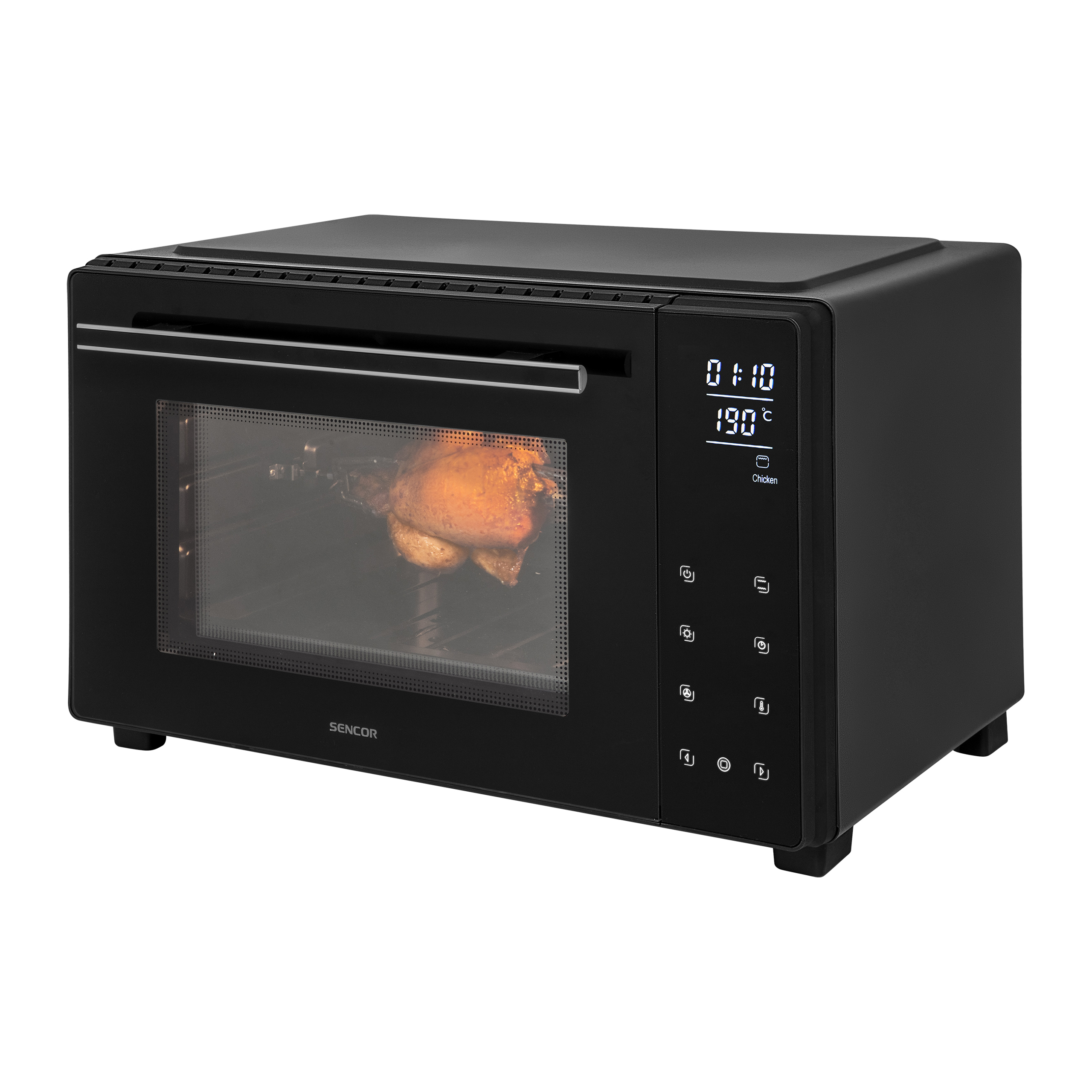 Un forno da tavolo Sencor nero con display digitale e pollo arrosto all'interno.