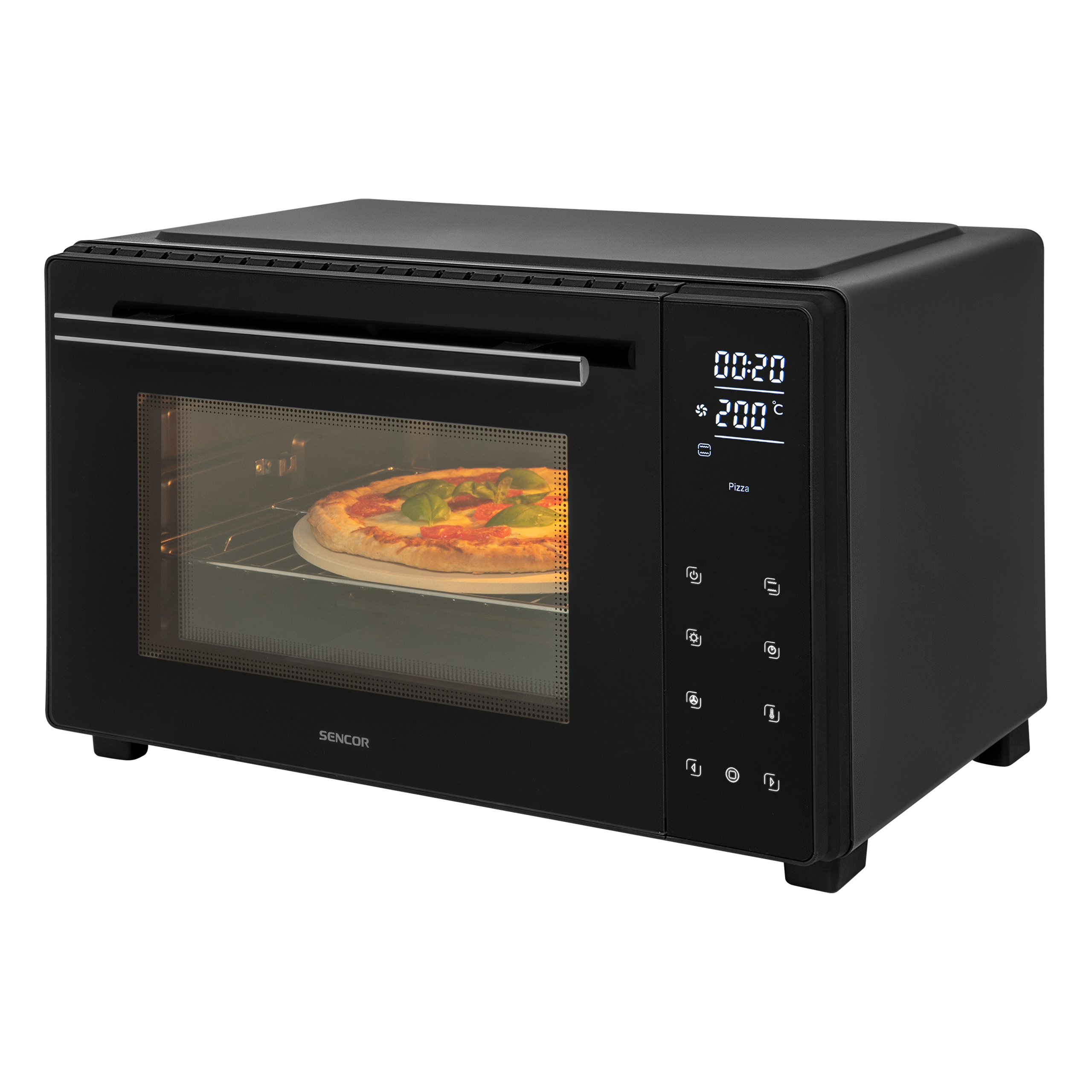 Un mini forno elettrico nero con display digitale mostra una pizza in cottura.