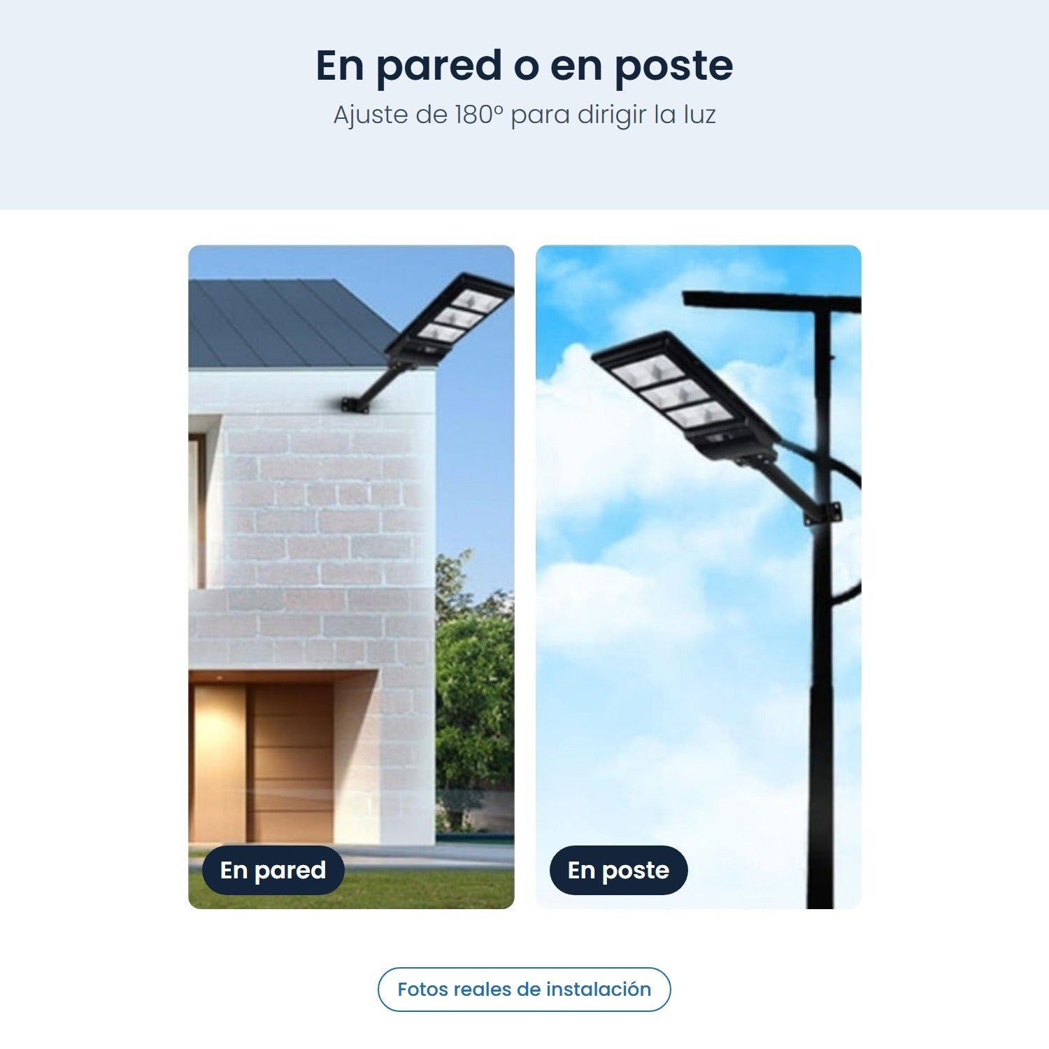 Due immagini che mostrano un lampione solare installato su un muro e su un palo.