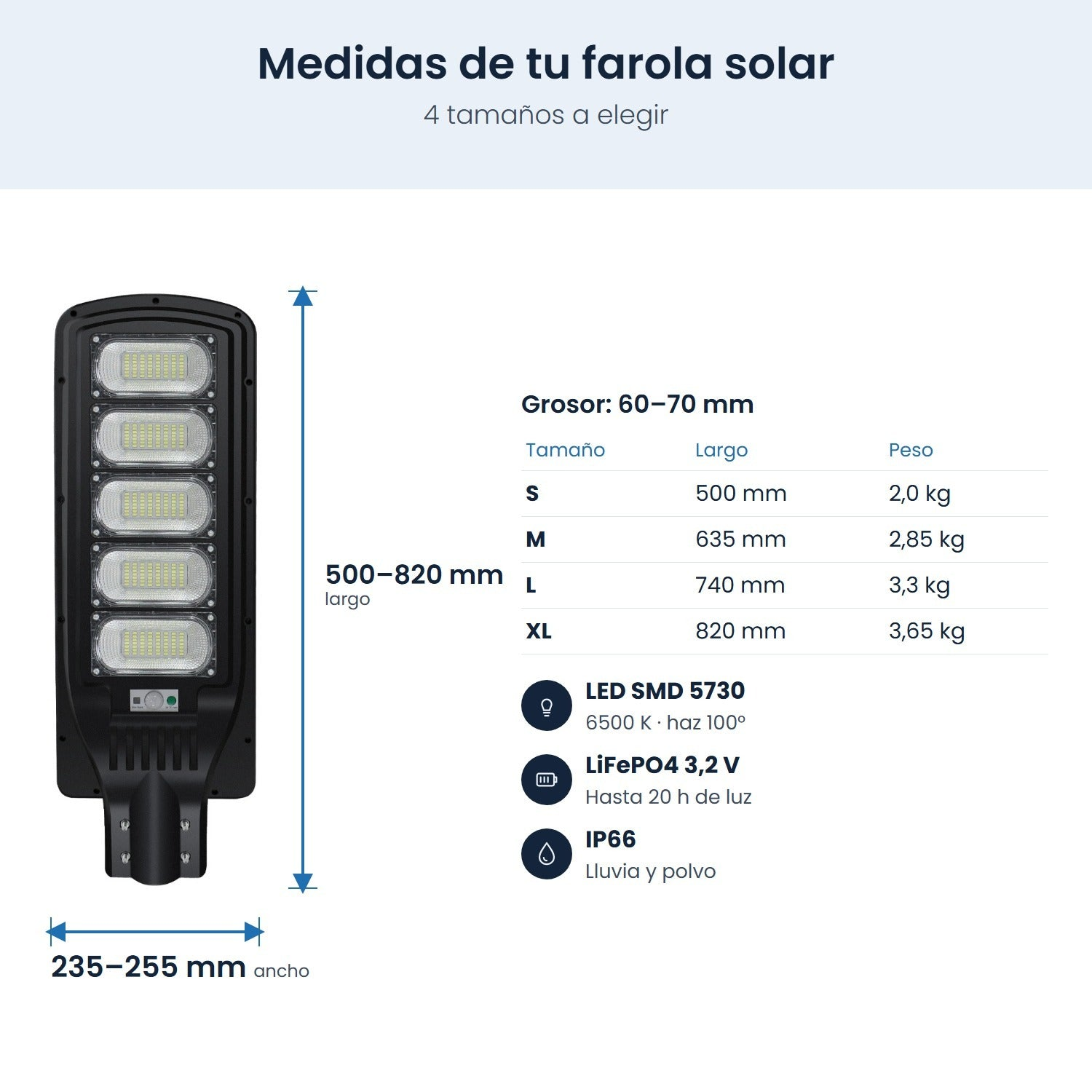 Diagramma con dimensioni, peso e specifiche di lampioni solari in quattro taglie.