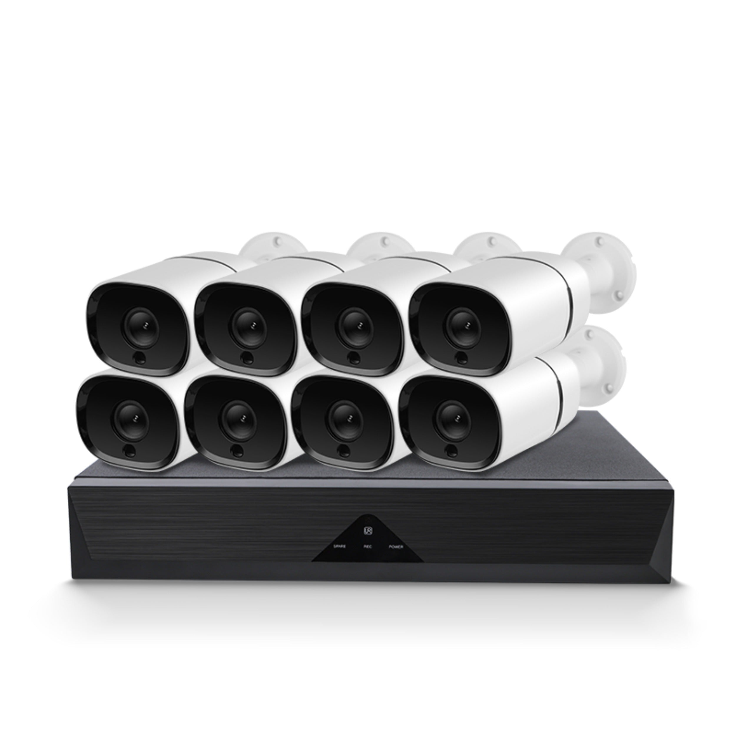 Ocho cámaras de seguridad blancas apiladas en dos filas sobre un DVR negro.