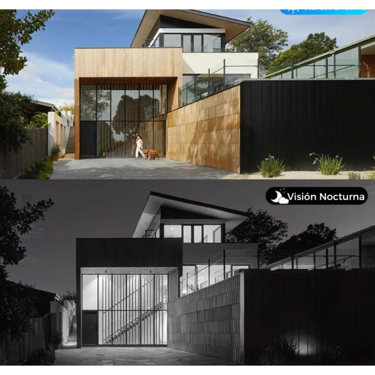 Una casa moderna a la luz del día con detalles en madera, y abajo en visión nocturna, iluminada desde el interior.