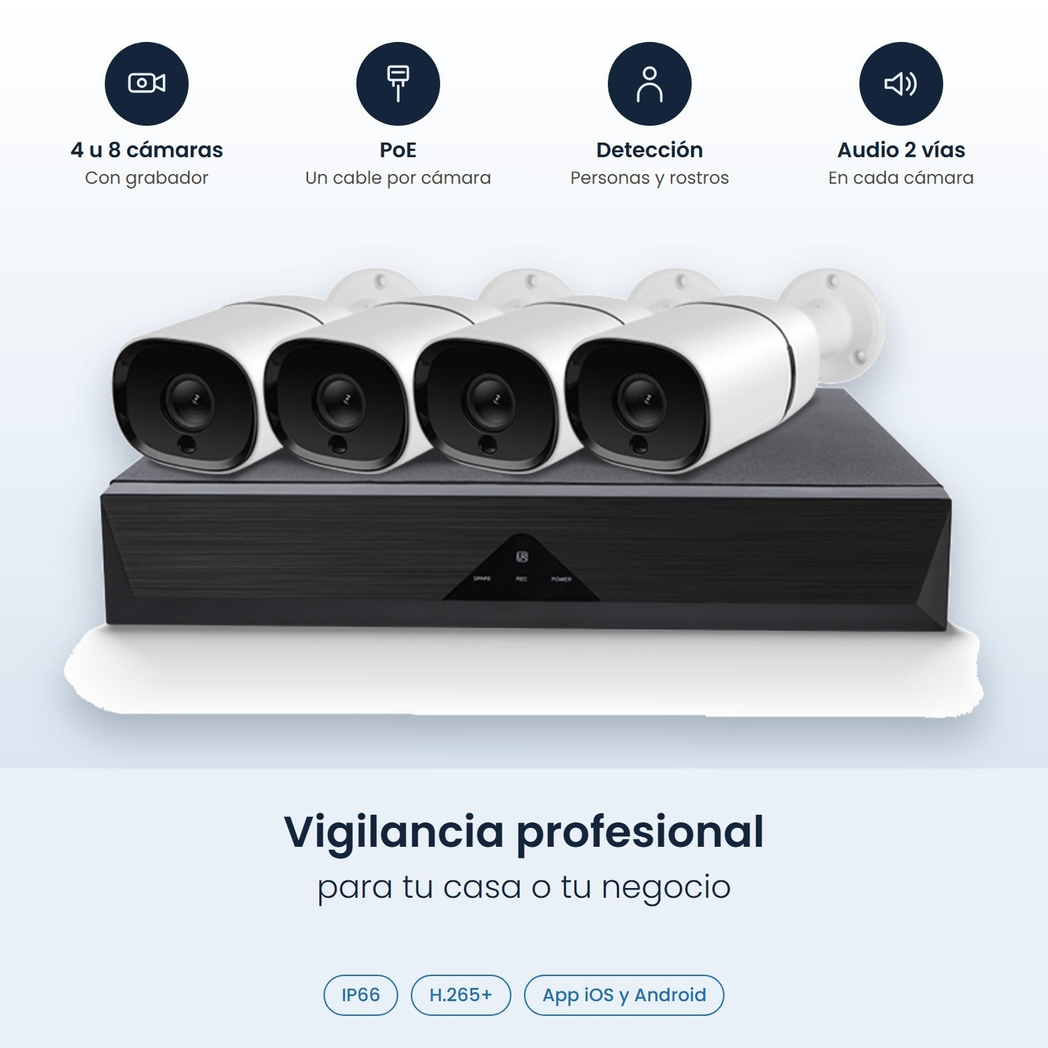 Cuatro cámaras de seguridad blancas sobre un grabador negro con iconos y texto arriba y abajo.