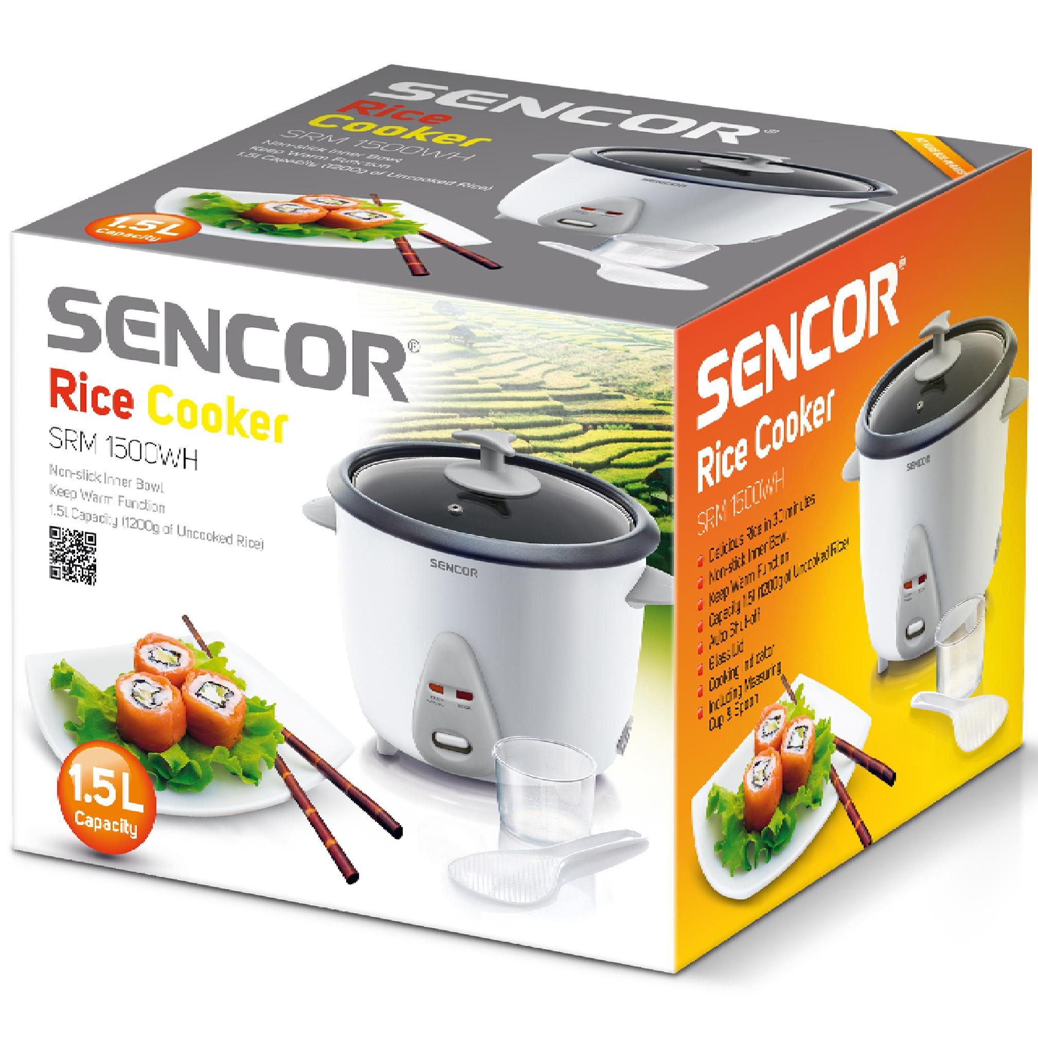 Opudłowanie urządzenia do gotowania ryżu Sencor SRM 1500WH ze zdjęciami sprzętu, sushi i pól ryżowych.