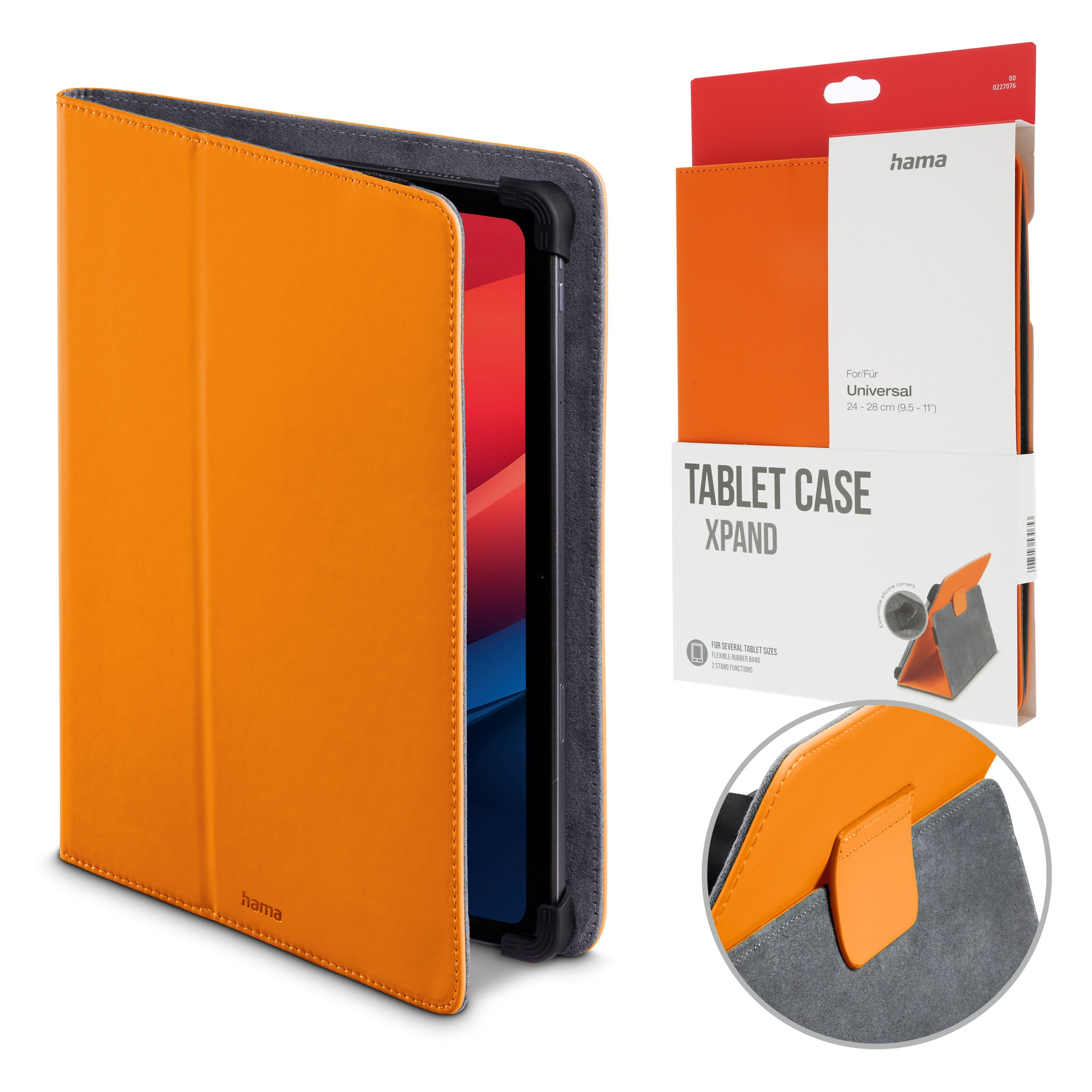 Orangefarbene Hama Tablet-Hülle mit Verpackung und Detailansicht der Lasche.