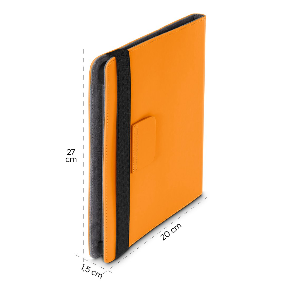 Oranger Tablet-Schutzordner mit schwarzem Gurt und Maßen: 27 cm Höhe, 20 cm Breite und 1,5 cm Dicke.