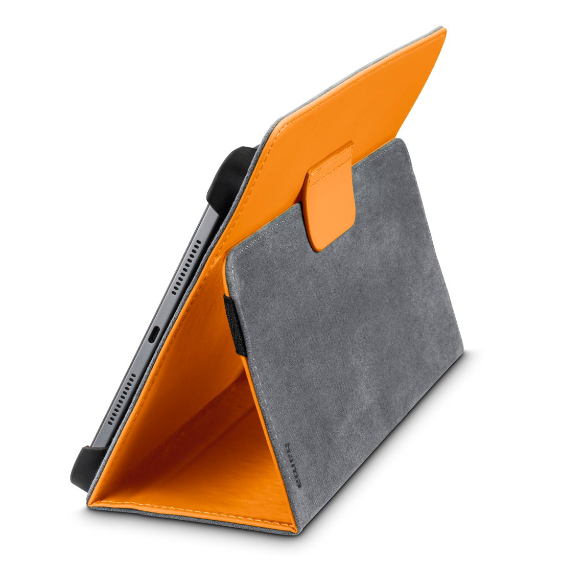 Ein Tablet in einer grauen und orangefarbenen Schutzhülle, die als Ständer dient.