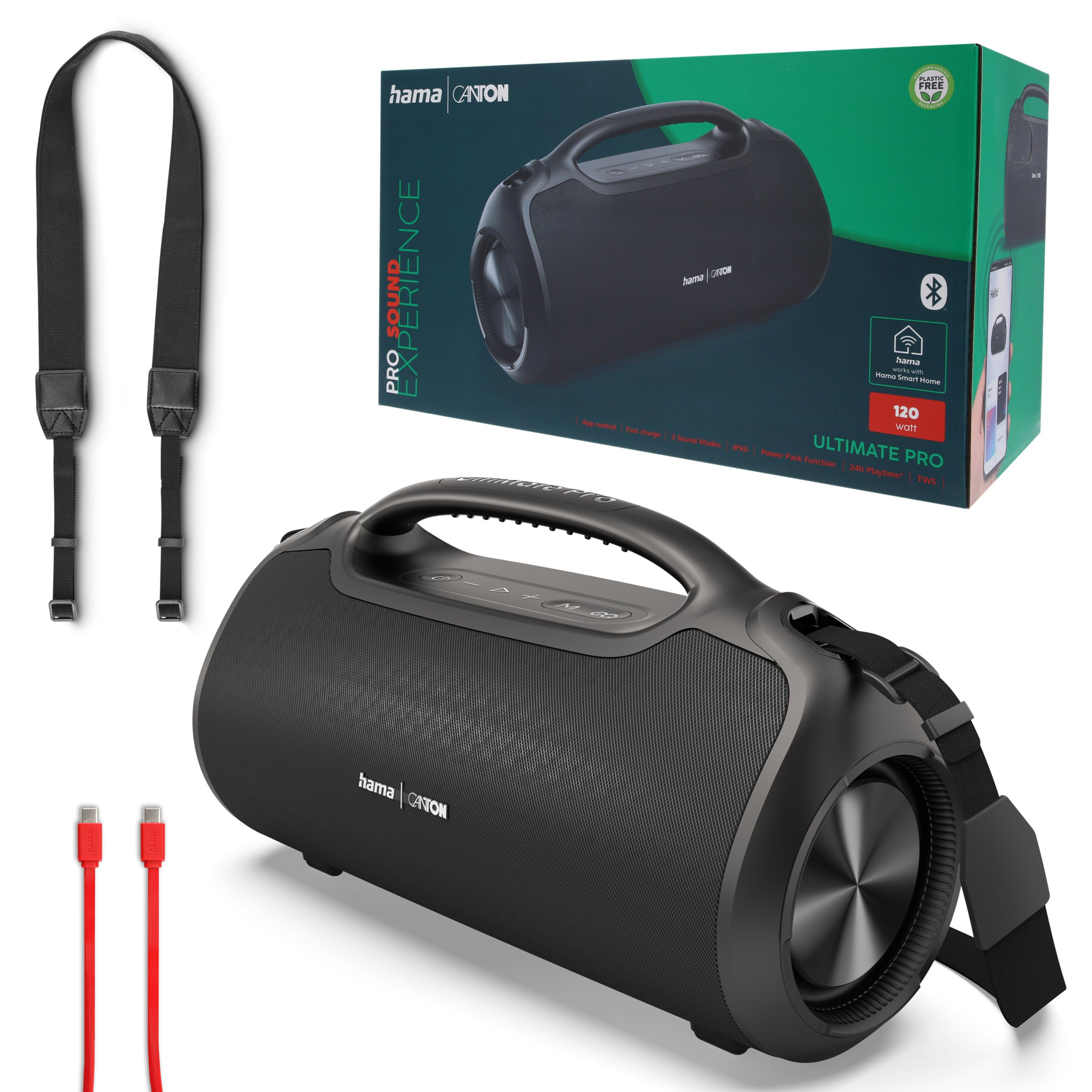 Ein schwarzer Hama Canton Bluetooth-Lautsprecher mit Tragegurt, zwei roten Kabeln und der Originalverpackung.