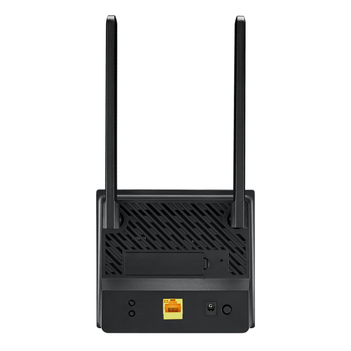 Router Wi-Fi negro con dos antenas, un puerto LAN amarillo y botón de encendido en el panel trasero.