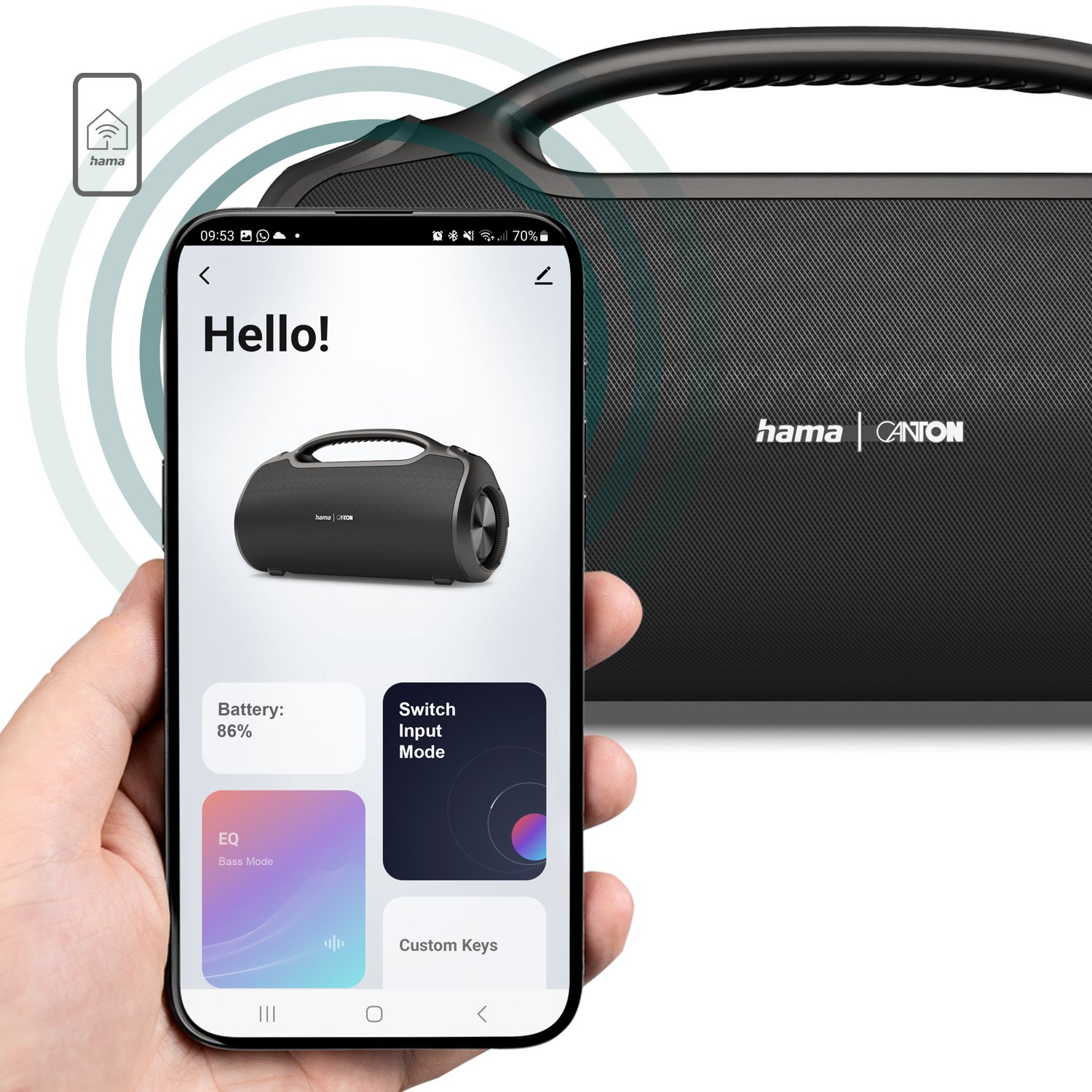 Handy mit App zeigt Lautsprechersteuerung, im Hintergrund ein Hama-Canton-Bluetooth-Lautsprecher.