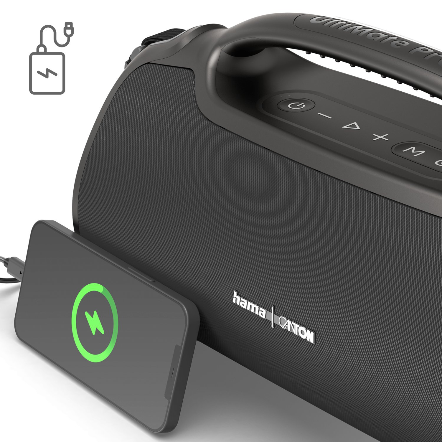Schwarzer Hama Canton Bluetooth-Lautsprecher lädt ein Smartphone mit grünem Ladesymbol auf.