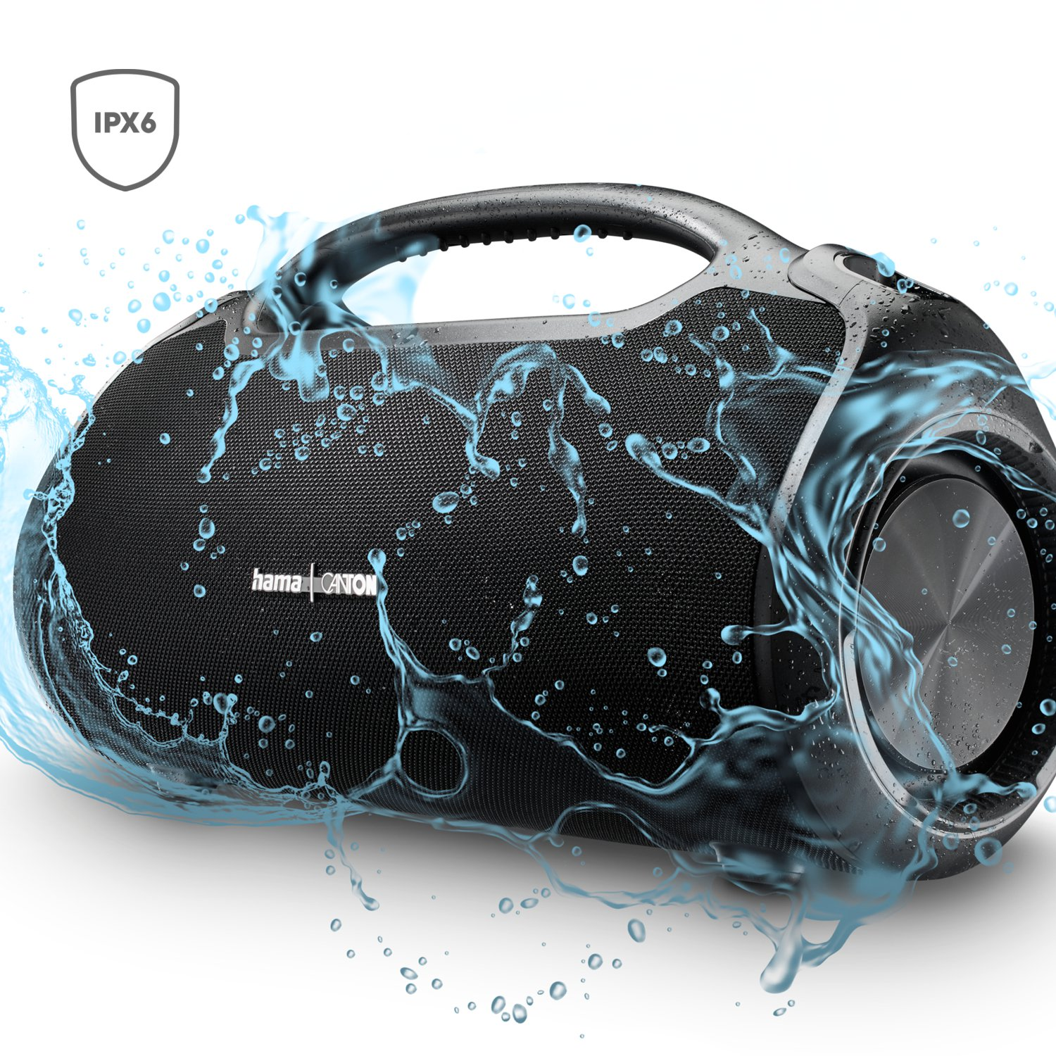 Ein schwarzer, wasserfester IPX6 Bluetooth-Lautsprecher ist mit spritzendem Wasser auf weißem Hintergrund dargestellt.