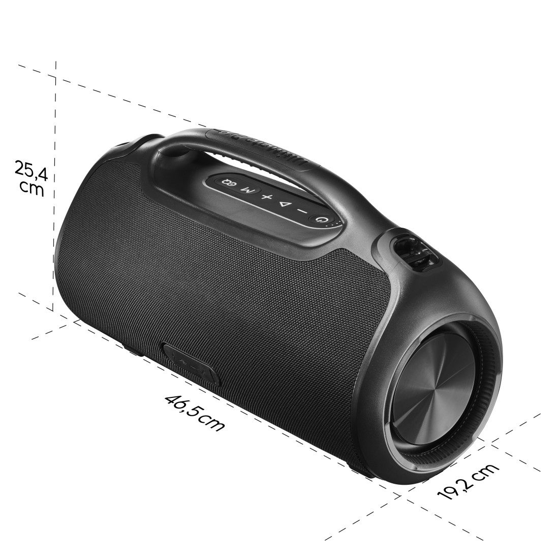 Schwarzer, tragbarer Bluetooth-Lautsprecher mit Griff und aufgedruckten Maßangaben in Zentimetern auf weißem Hintergrund.