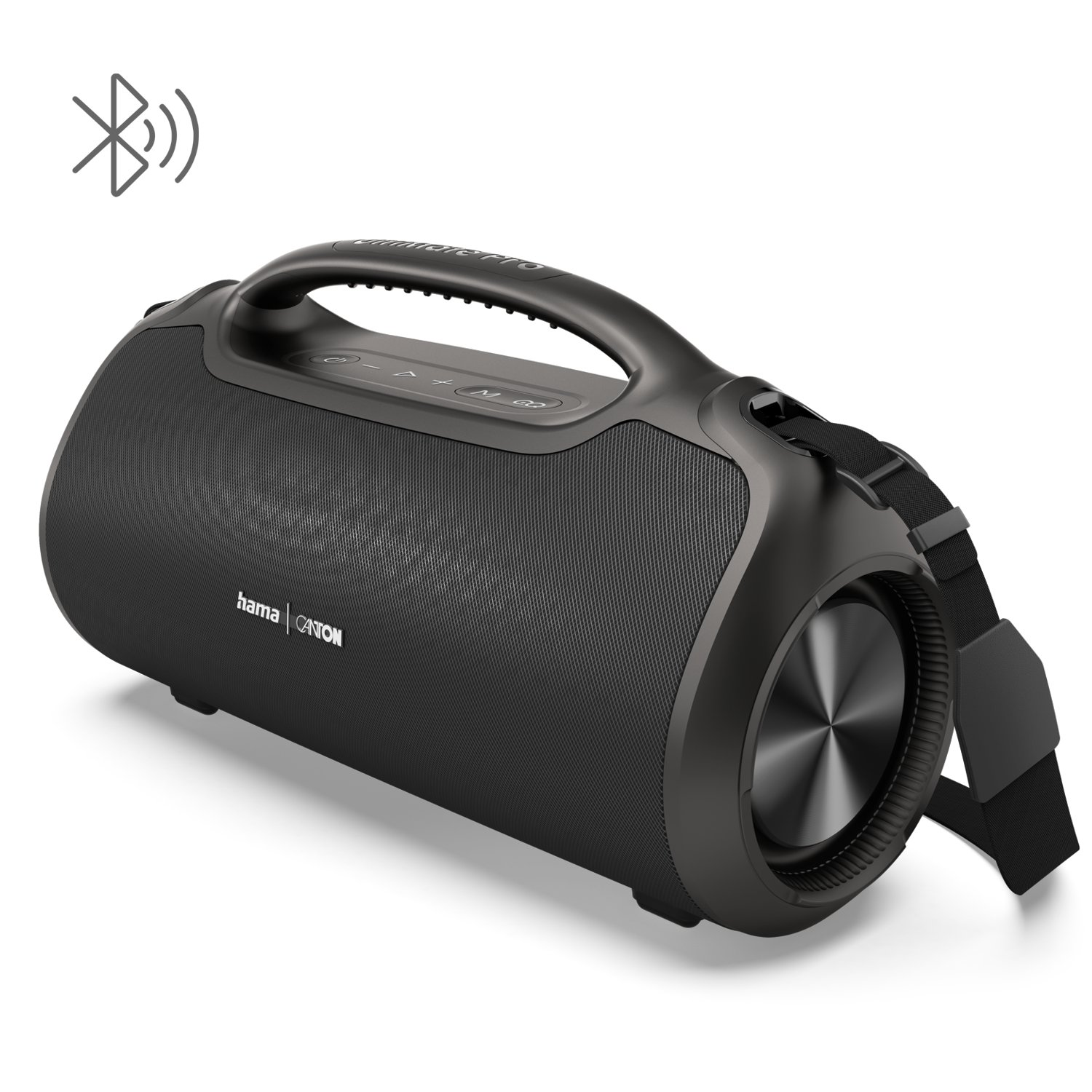 Ein schwarzer, zylindrischer Bluetooth-Lautsprecher mit Tragegriff und Riemen auf weißem Hintergrund.