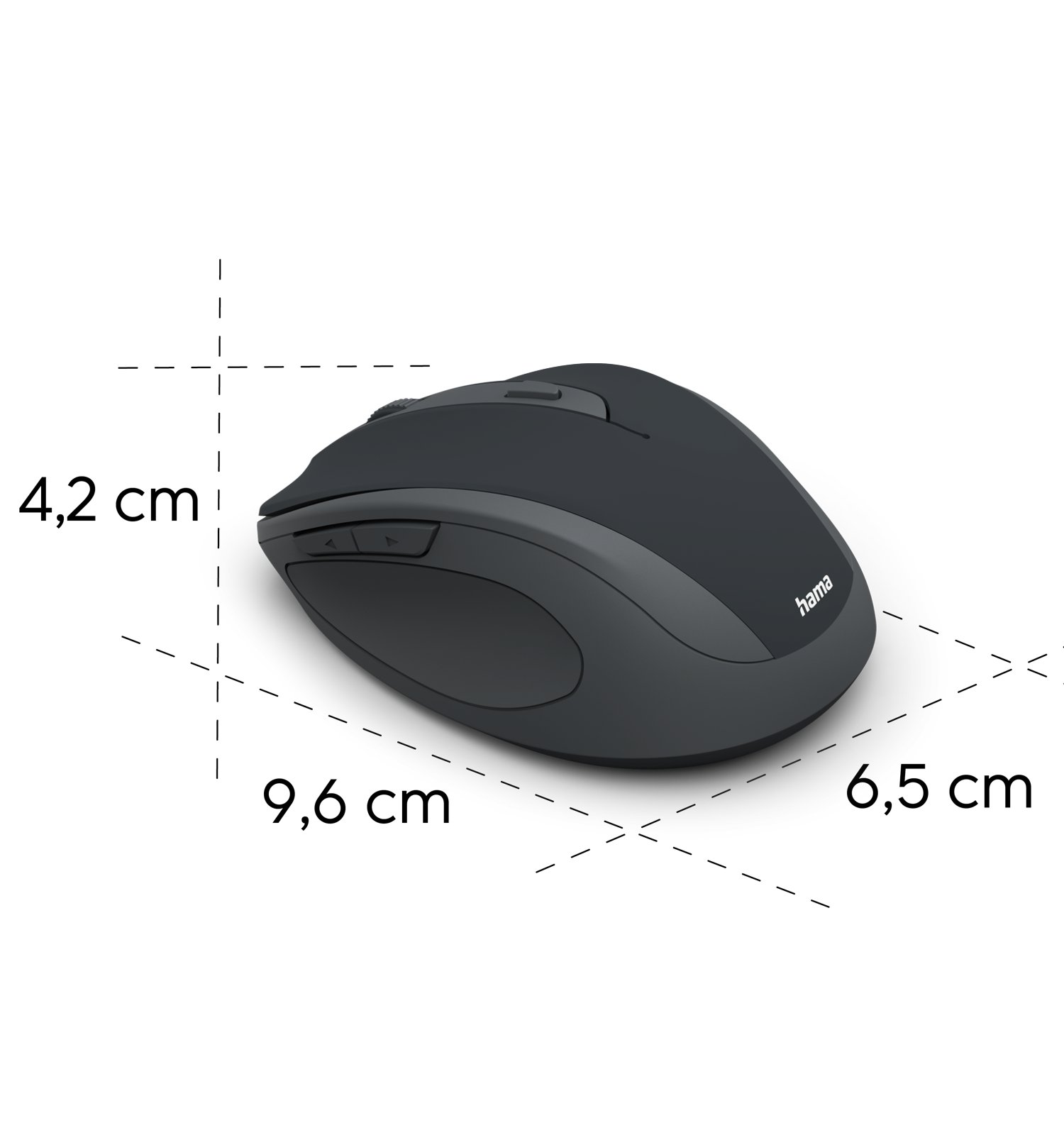 Un mouse per computer wireless grigio scuro con frecce dimensionali e misure di 9,6 cm di lunghezza, 6,5 cm di larghezza e 4,2 cm di altezza.