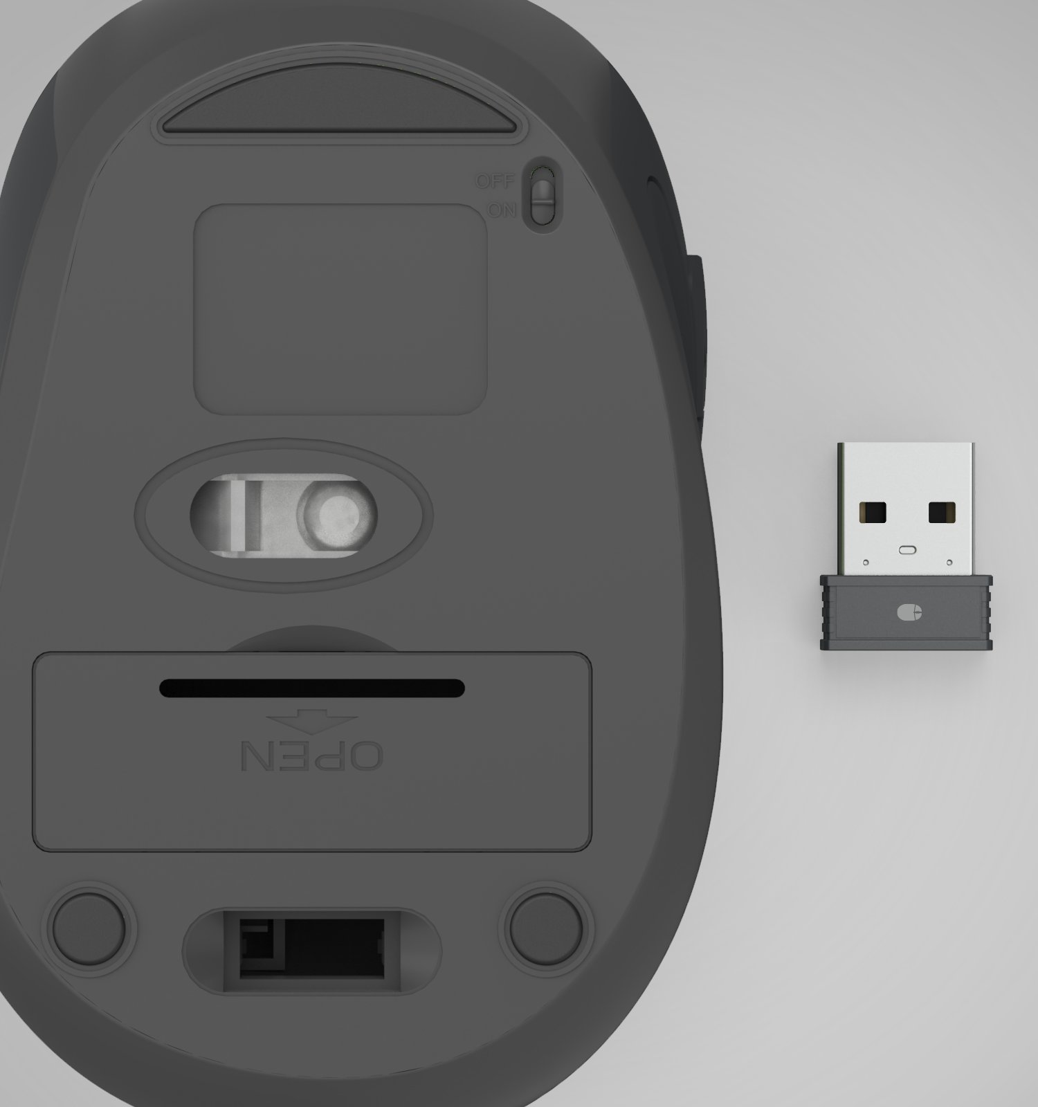 Parte inferiore di un mouse per computer wireless grigio con ricevitore USB su sfondo chiaro.