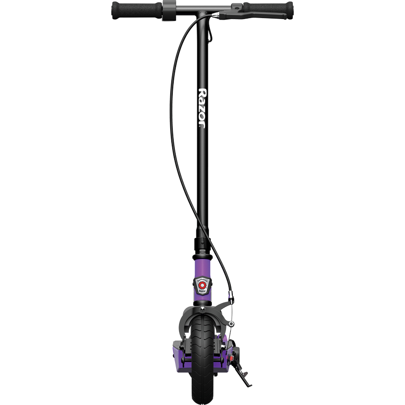 A black and purple Razor kick scooter viewed from the front, showing handlebars, brake cable, and front wheel.