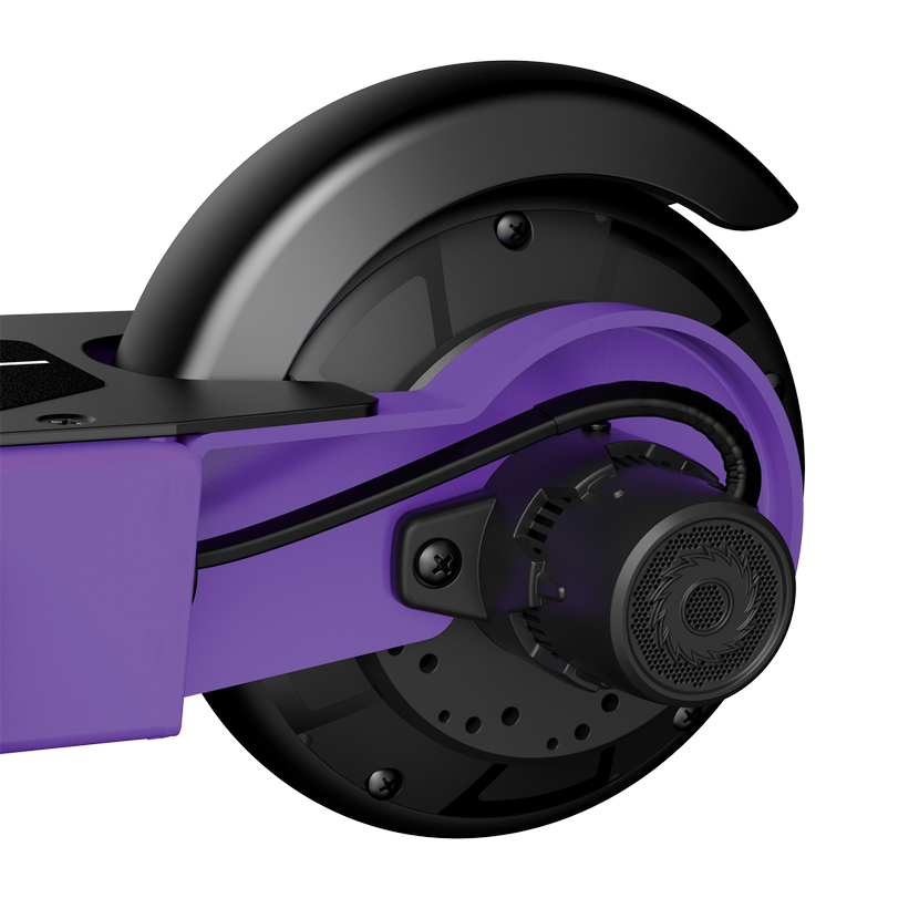 Close-up of an e-scooter's purple rear wheel with integrated motor and fender.