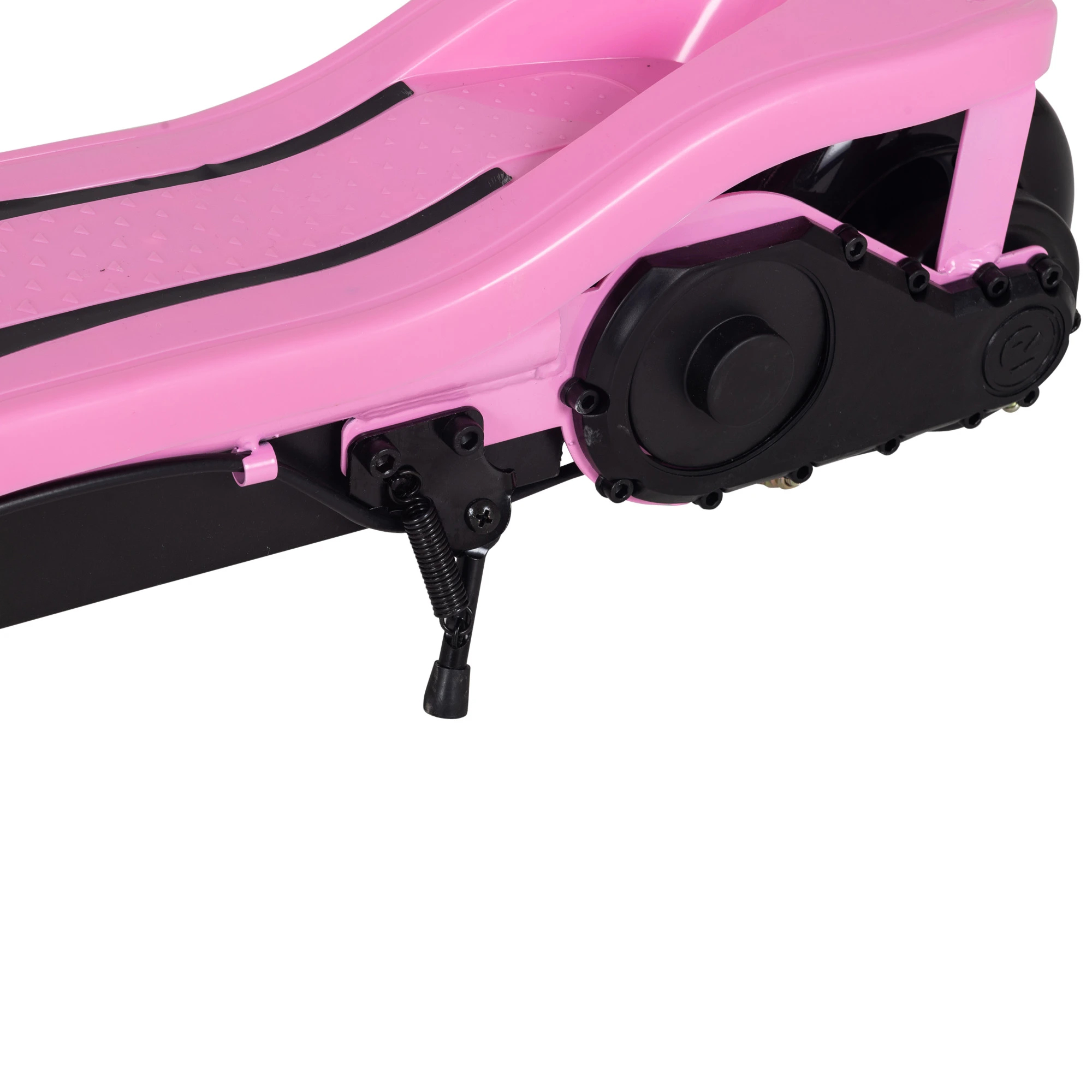 Primer plano de la plataforma rosa de un patinete, motor negro y pata de cabra.
