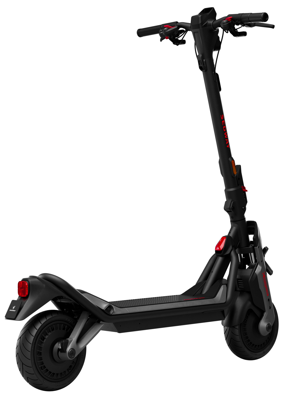 Ein schwarzer Segway-Elektroroller auf weißem Hintergrund mit rotem Logo.
