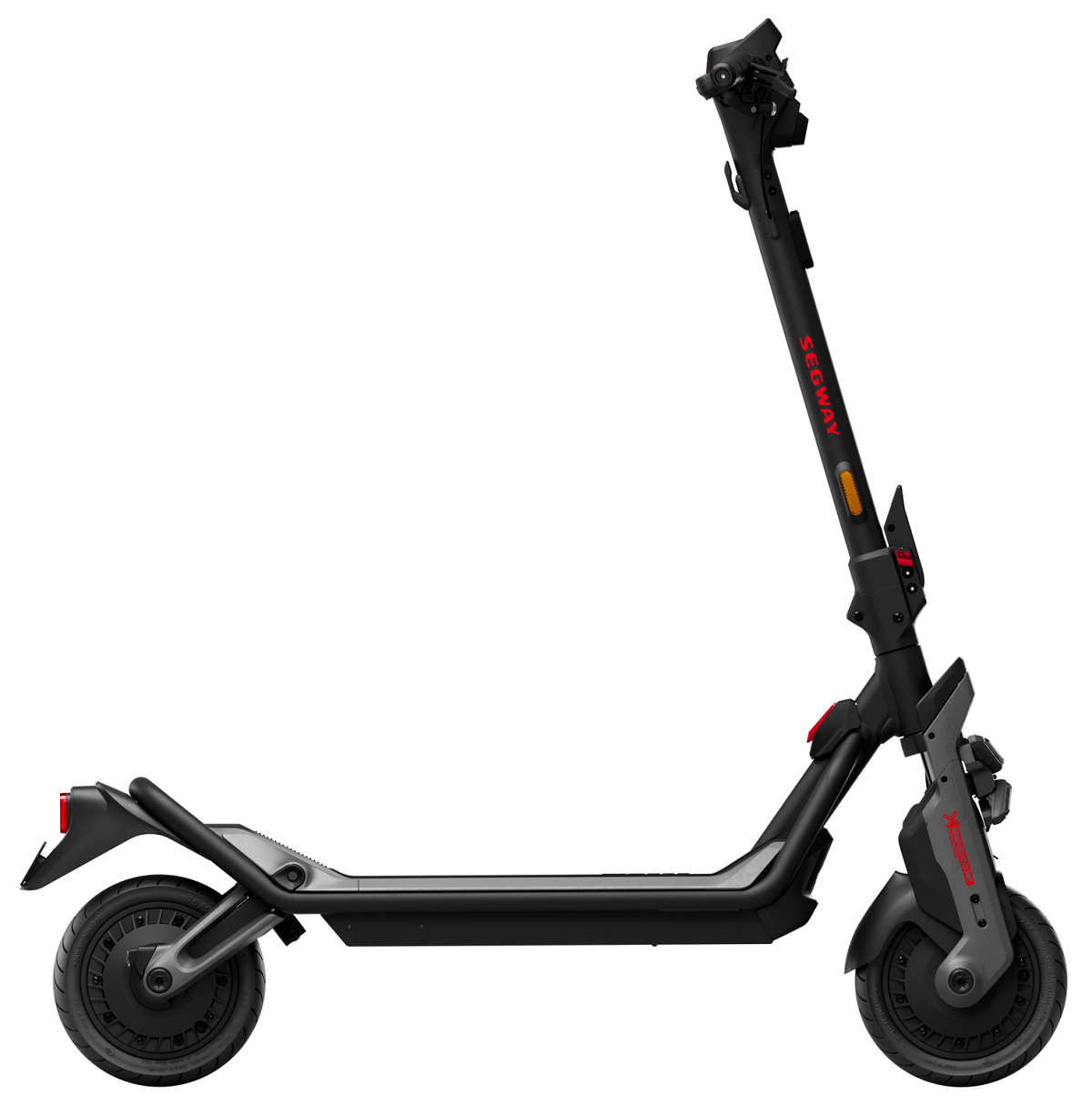 Ein schwarzer Segway-E-Scooter in Seitenansicht auf weißem Hintergrund.