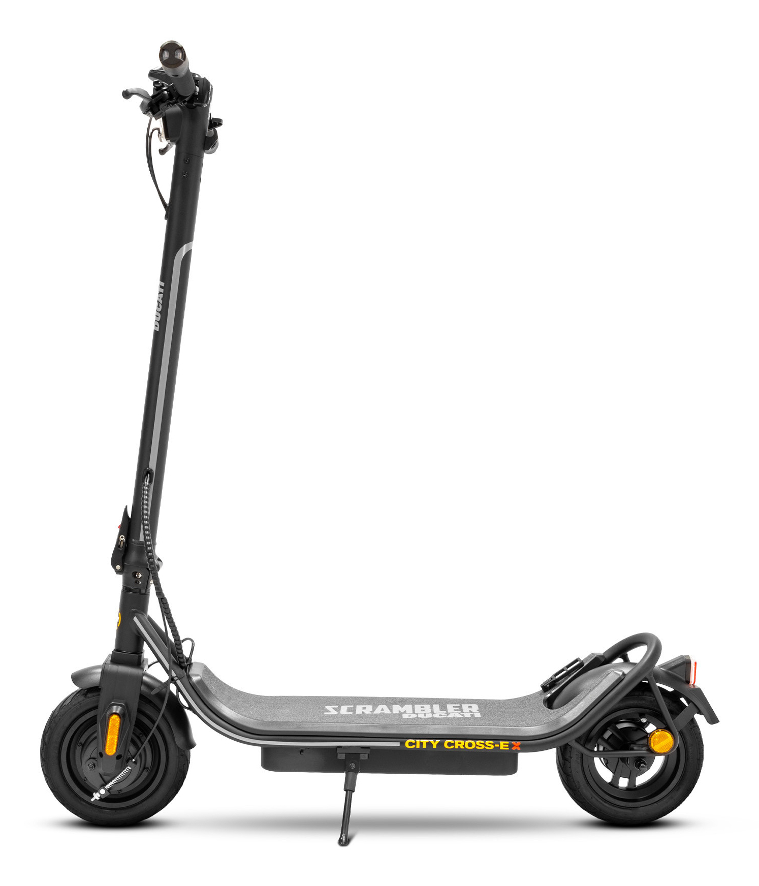Un Monopattino elettrico nero Ducati City Cross-E su sfondo bianco con cavalletto.