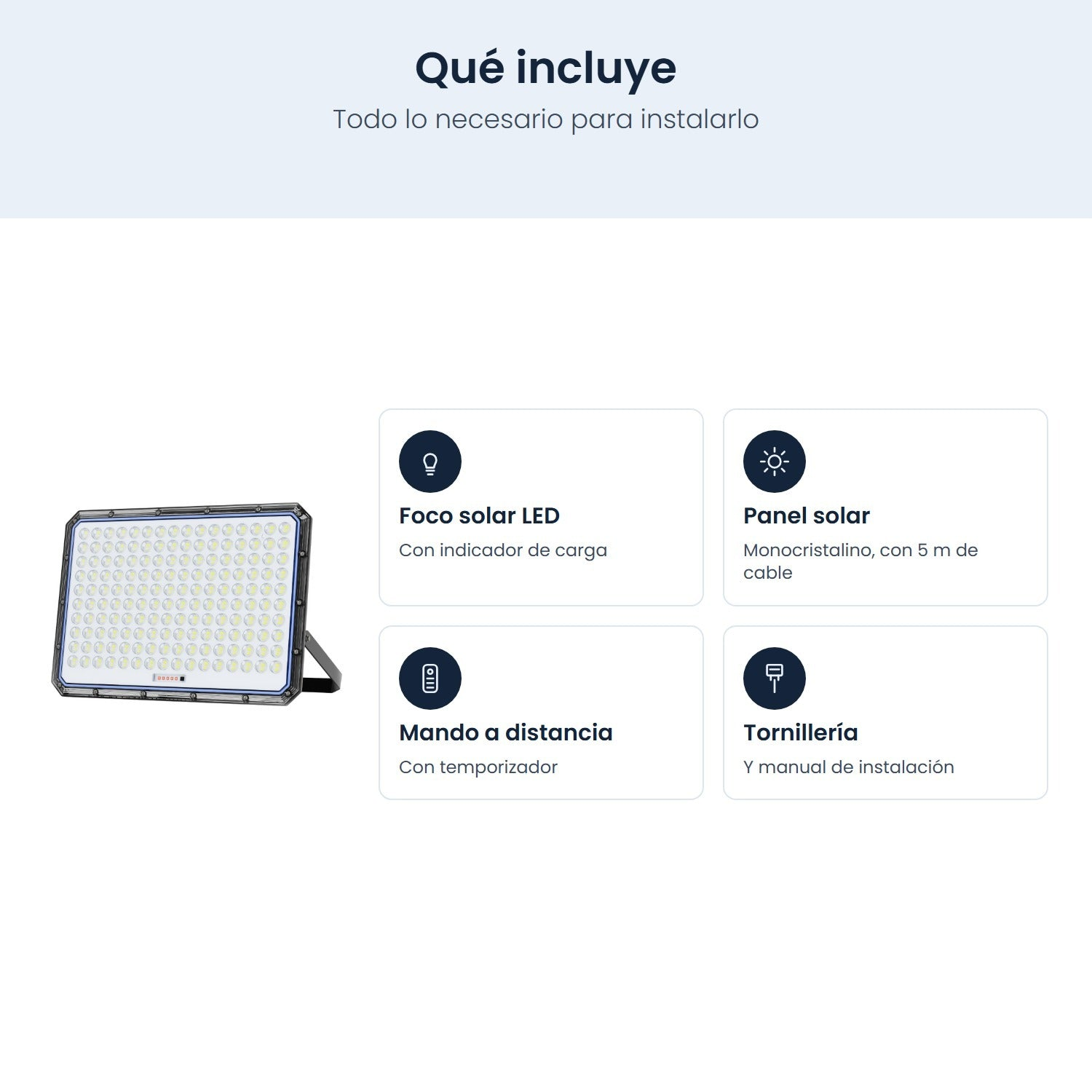 Infografica con gli elementi inclusi per un faro solare LED: luce LED, pannello solare, telecomando e viti.