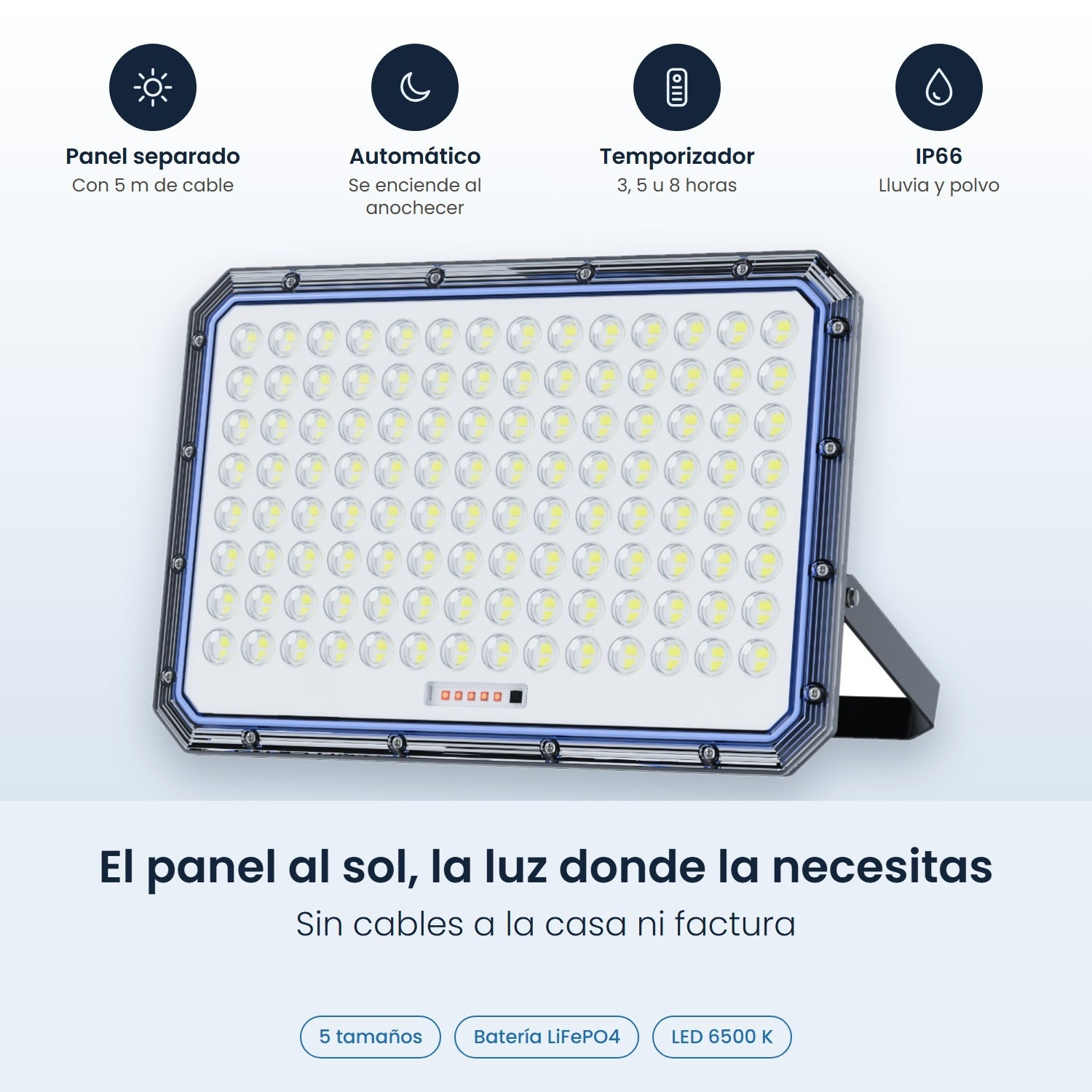 Faretto LED solare con icone di funzione e specifiche in basso.