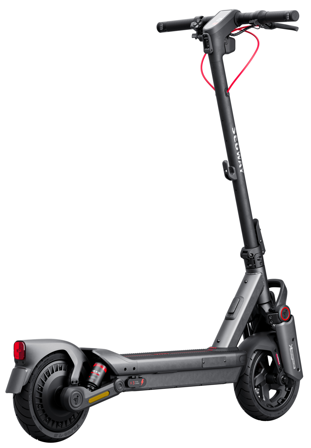 Un moderno monopattino elettrico nero con cavo rosso, display sul manubrio e sospensione posteriore su sfondo bianco.