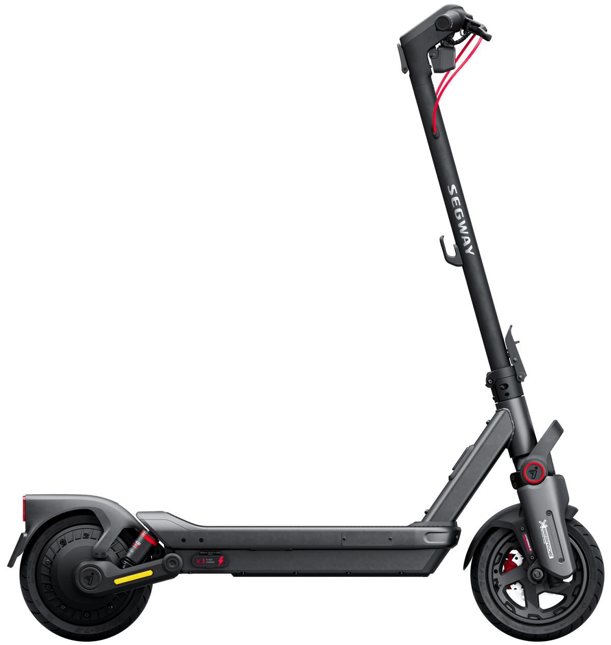 Un monopattino elettrico Segway nero con dettagli rossi è mostrato di profilo su sfondo bianco.