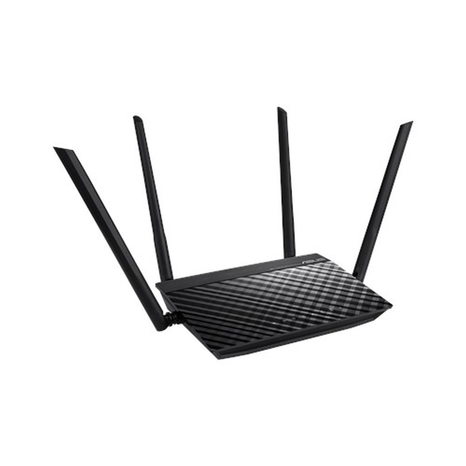 Zwarte draadloze router met vier antennes en een getextureerd patroon bovenop.