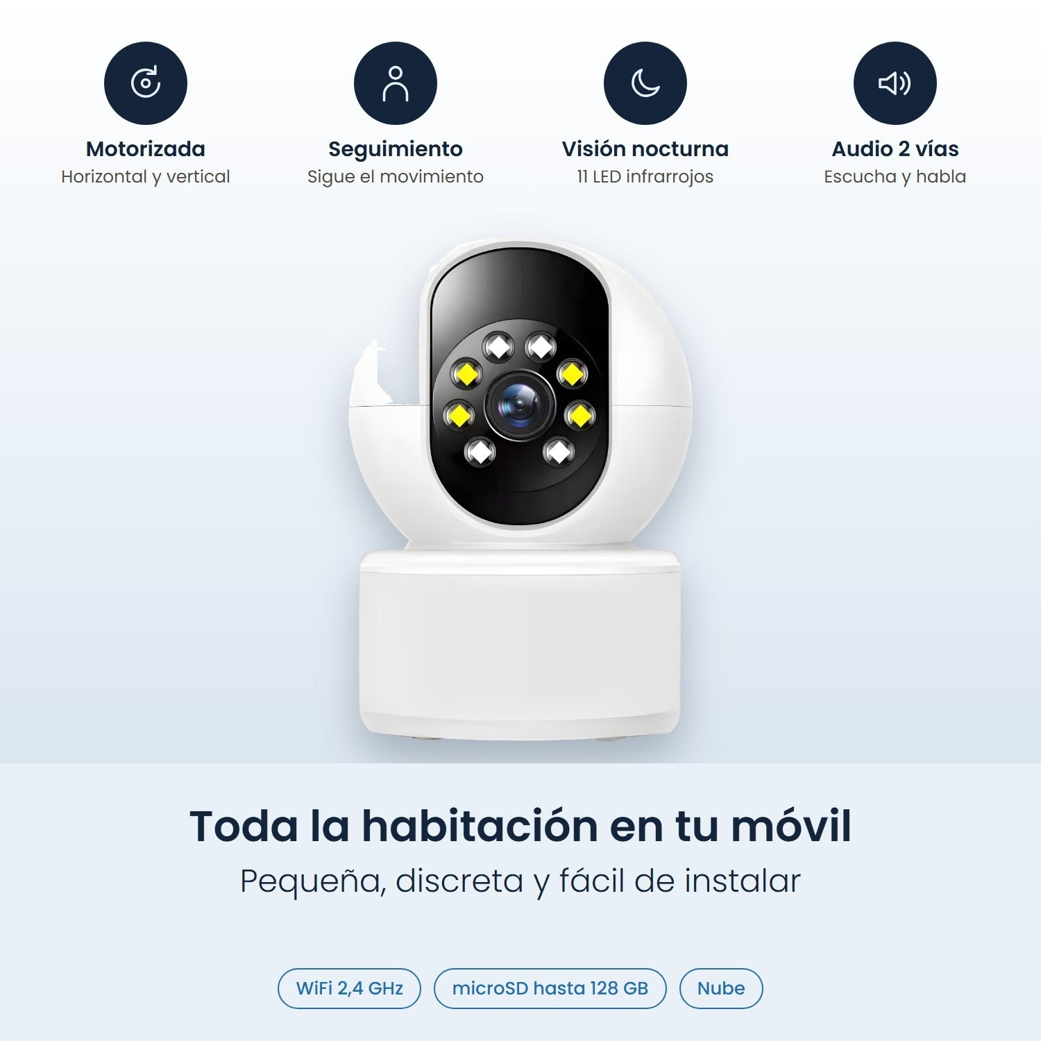Cámara de seguridad blanca con función motorizada e iconos de características.