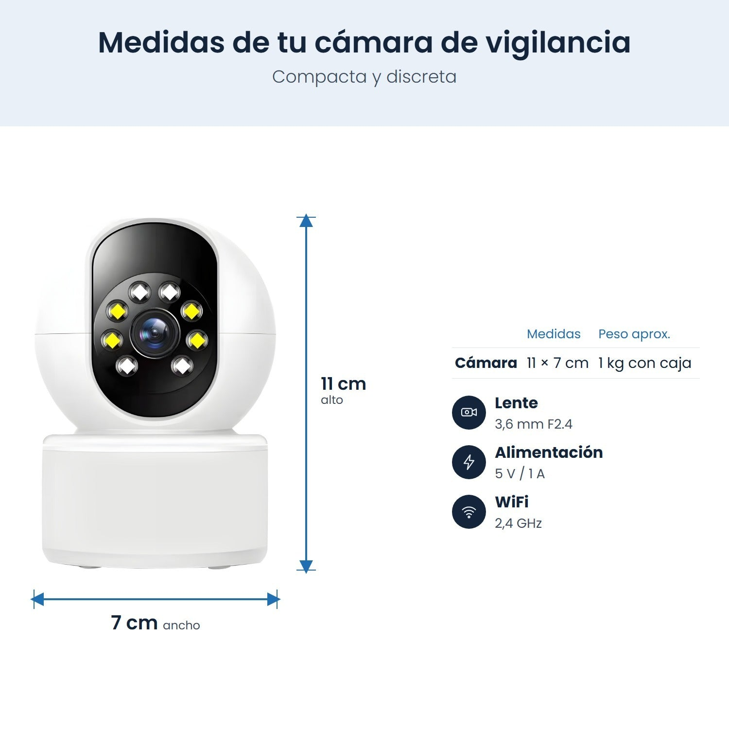 Cámara de vigilancia blanca con medidas de 11 cm de alto y 7 cm de ancho, lente, alimentación y WiFi.