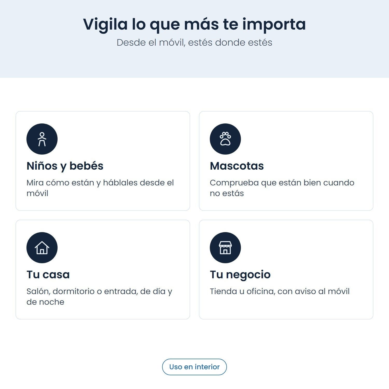 Imagen informativa con cuatro secciones para vigilar niños, mascotas, casa y negocio desde el móvil.