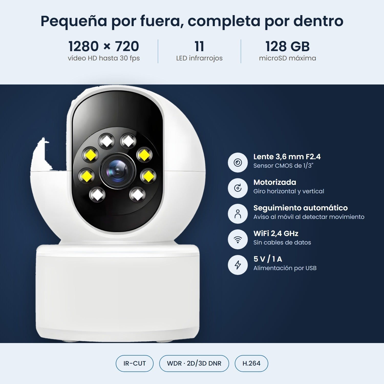 Cámara de seguridad blanca con LEDs infrarrojos y especificaciones técnicas sobre fondo azul.