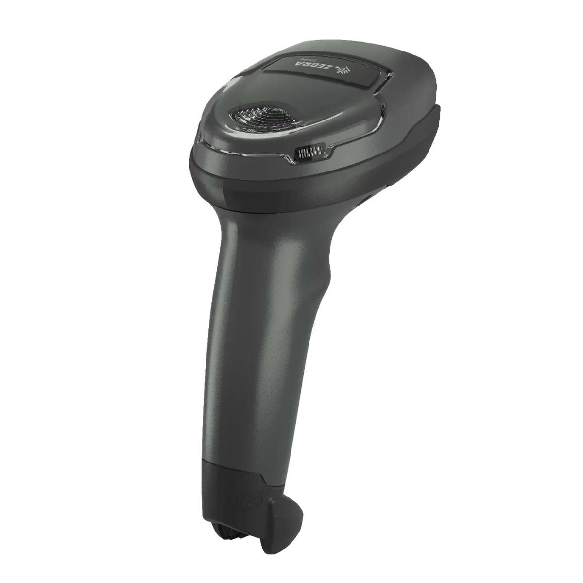 Ein grauer Handscanner mit Zebra-Logo auf der Oberseite, fotografiert vor weißem Hintergrund.