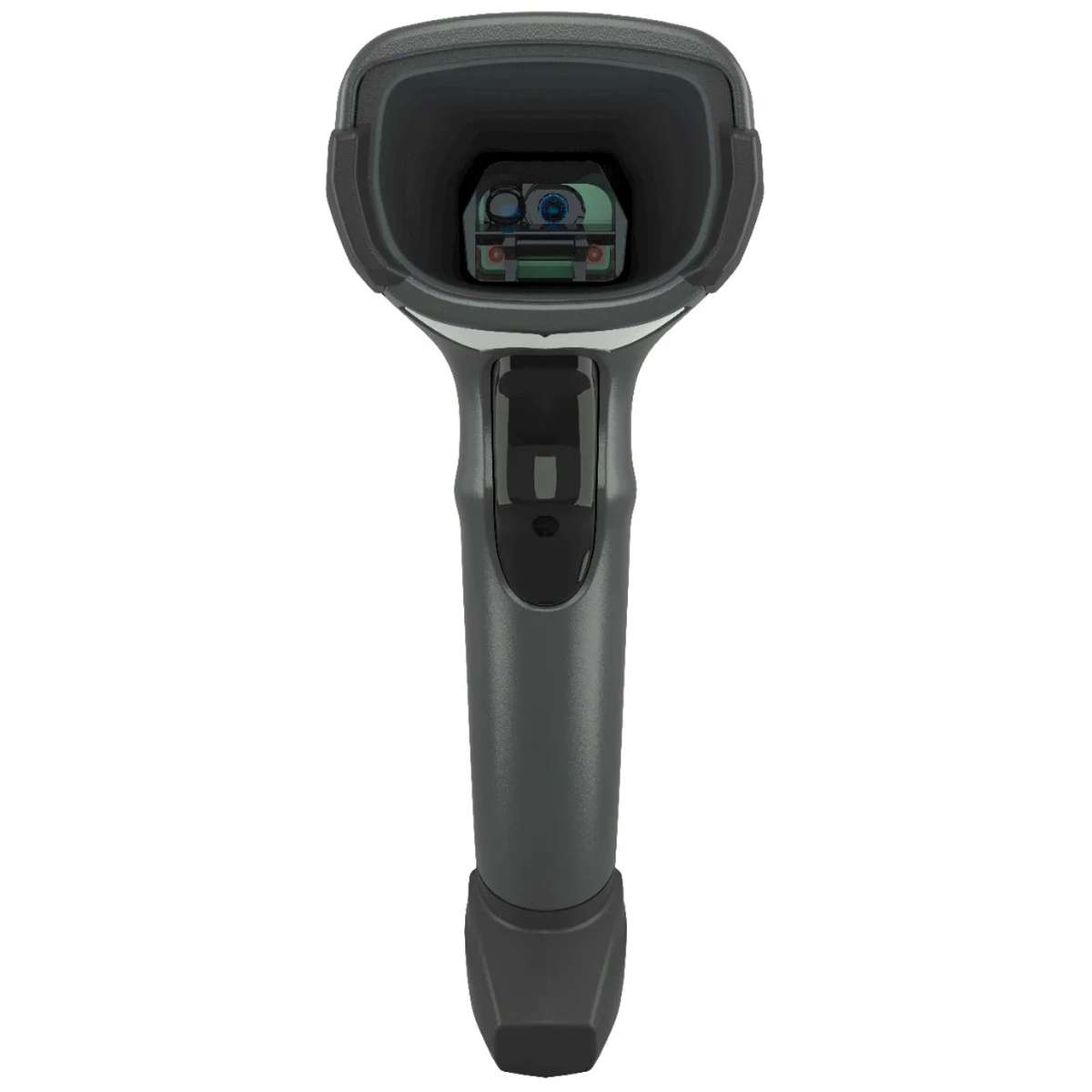Ein grauer Handscanner für Barcodes zeigt die Vorderseite mit einem Kamerafenster und einem Auslöser.
