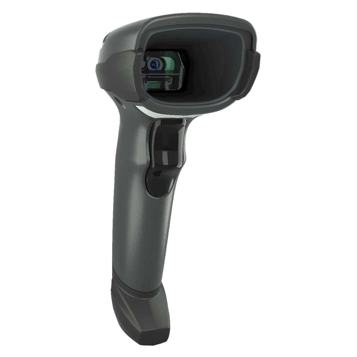 Ein grauer Handscanner mit schwarzem Auslöser auf weißem Hintergrund.
