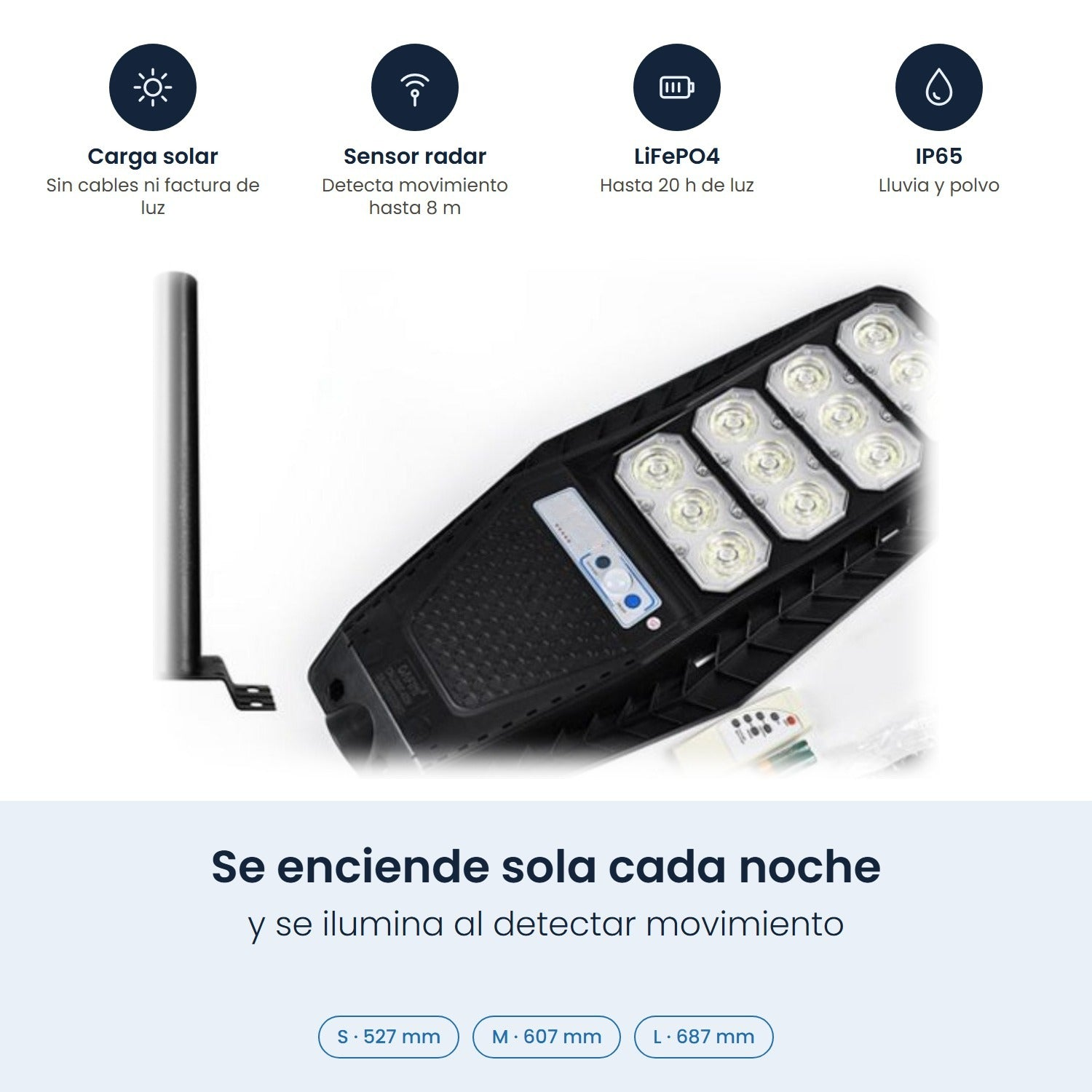 Lampione solare con sensore radar, batteria LiFePO4, IP65 e telecomando.