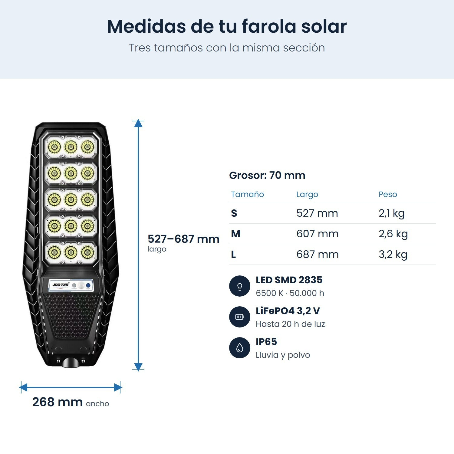 Scheda tecnica di un lampione solare che mostra dimensioni, peso e specifiche.