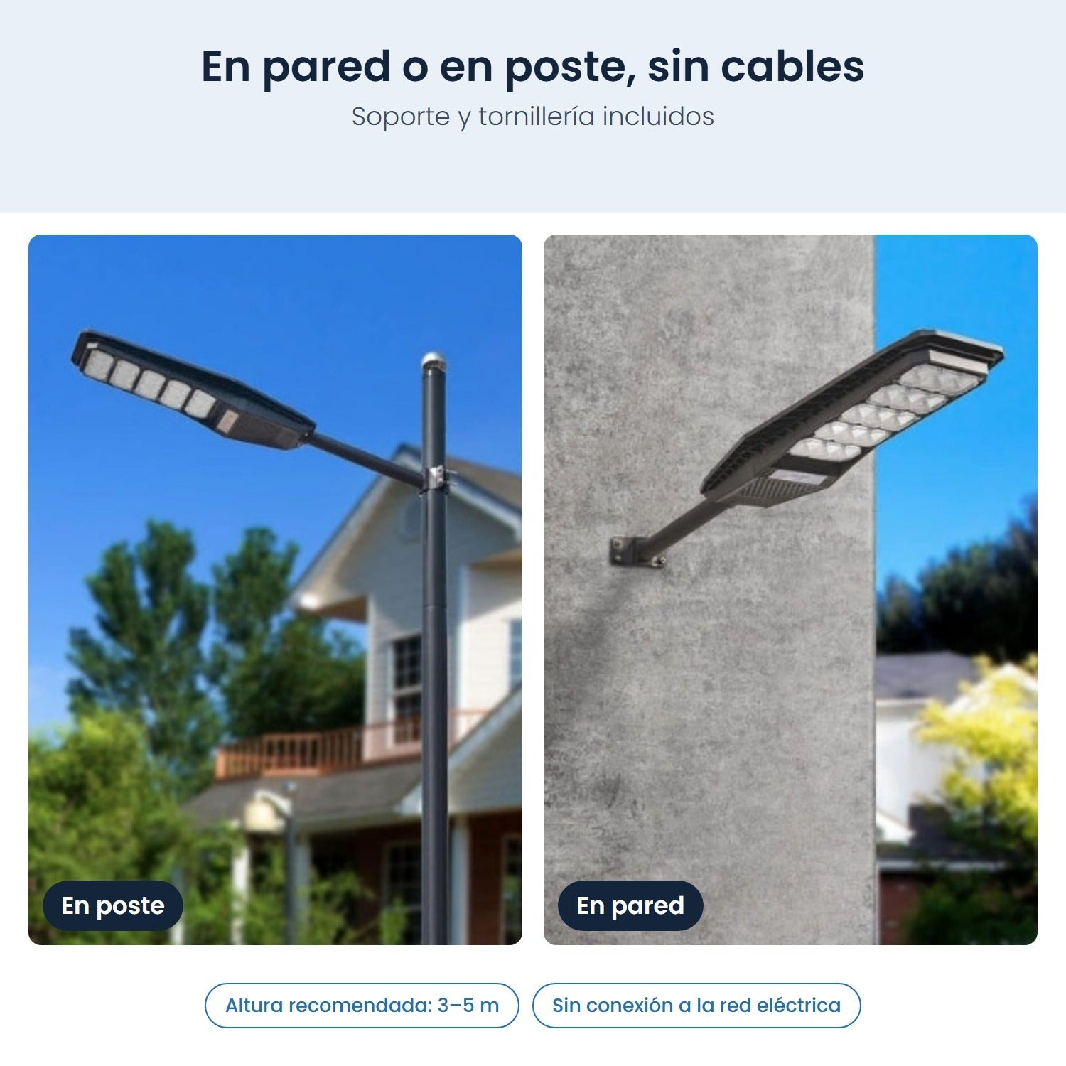 Lampione solare per montaggio a parete o su palo, senza cavi.