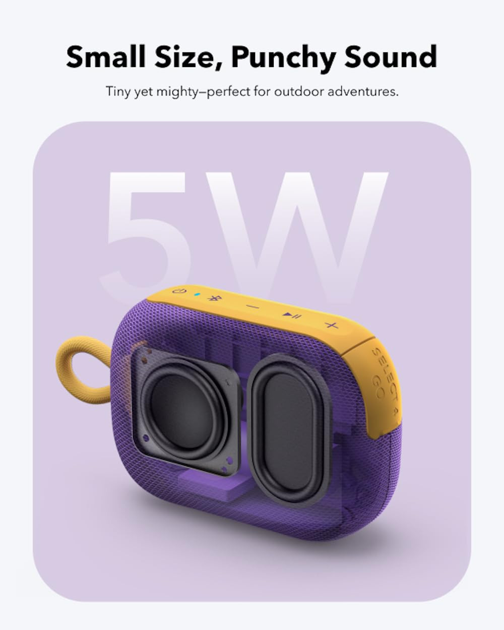 Altoparlante portatile viola e giallo con driver esposti su sfondo viola con testo 5W.