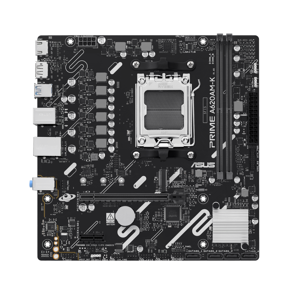 Scheda madre nera Asus Prime A620AM-K con socket CPU, slot RAM e varie porte.