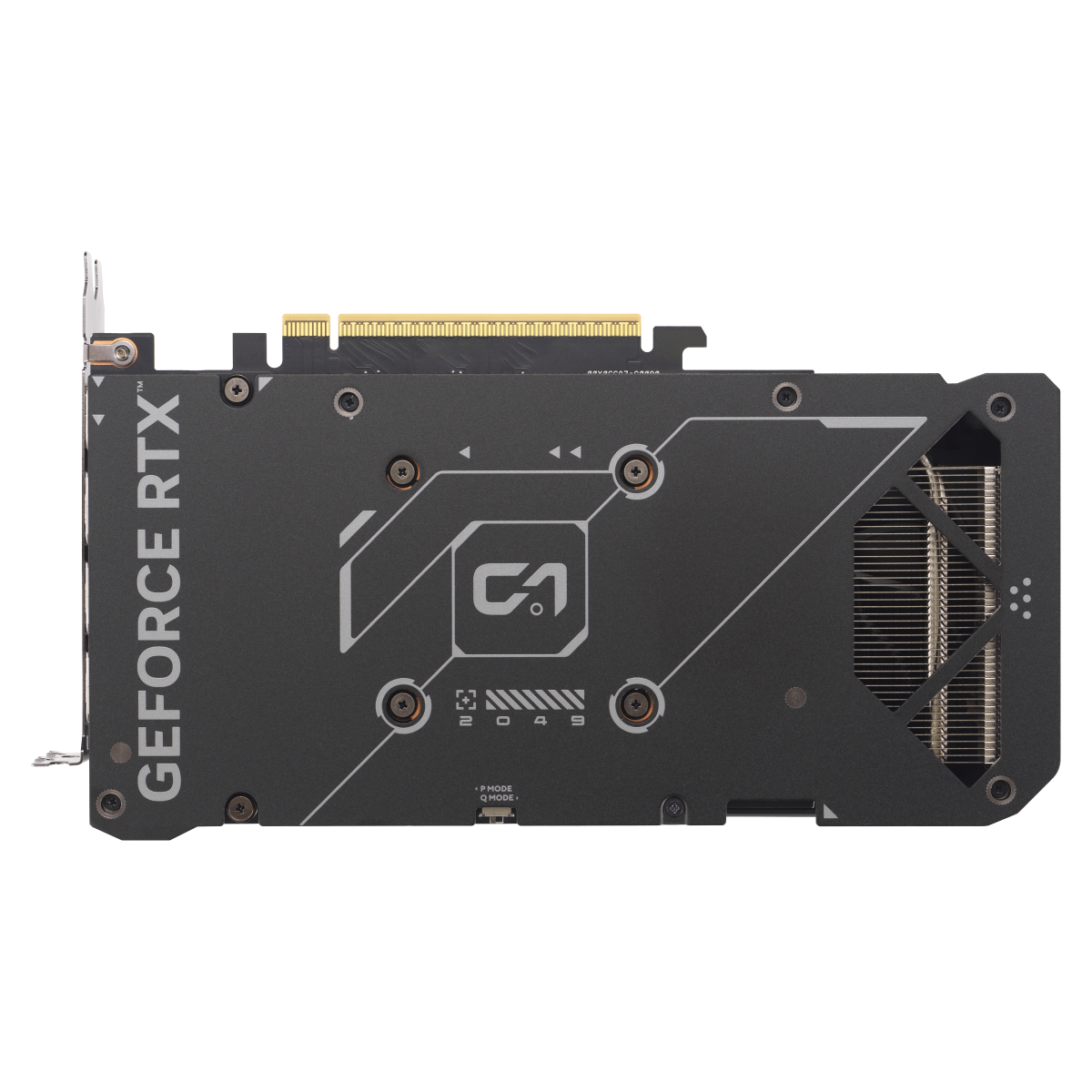 Rückseite einer schwarzen GeForce RTX Grafikkarte mit silbernen Linien, Schrauben und einem offenen Kühlbereich.