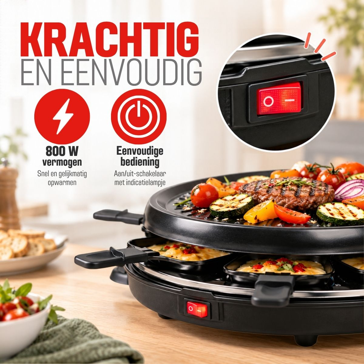 Griglia raclette nera con verdure e carne, interruttore rosso e testo descrittivo.