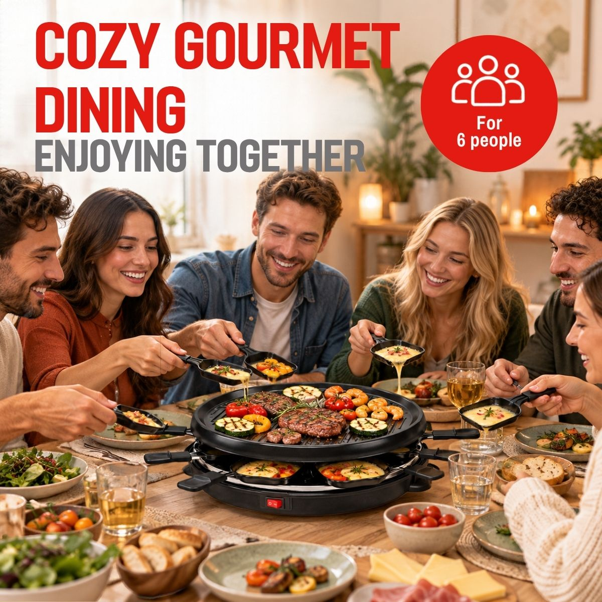 Sei persone sorridenti gustano insieme una raclette attorno a un tavolo di legno.