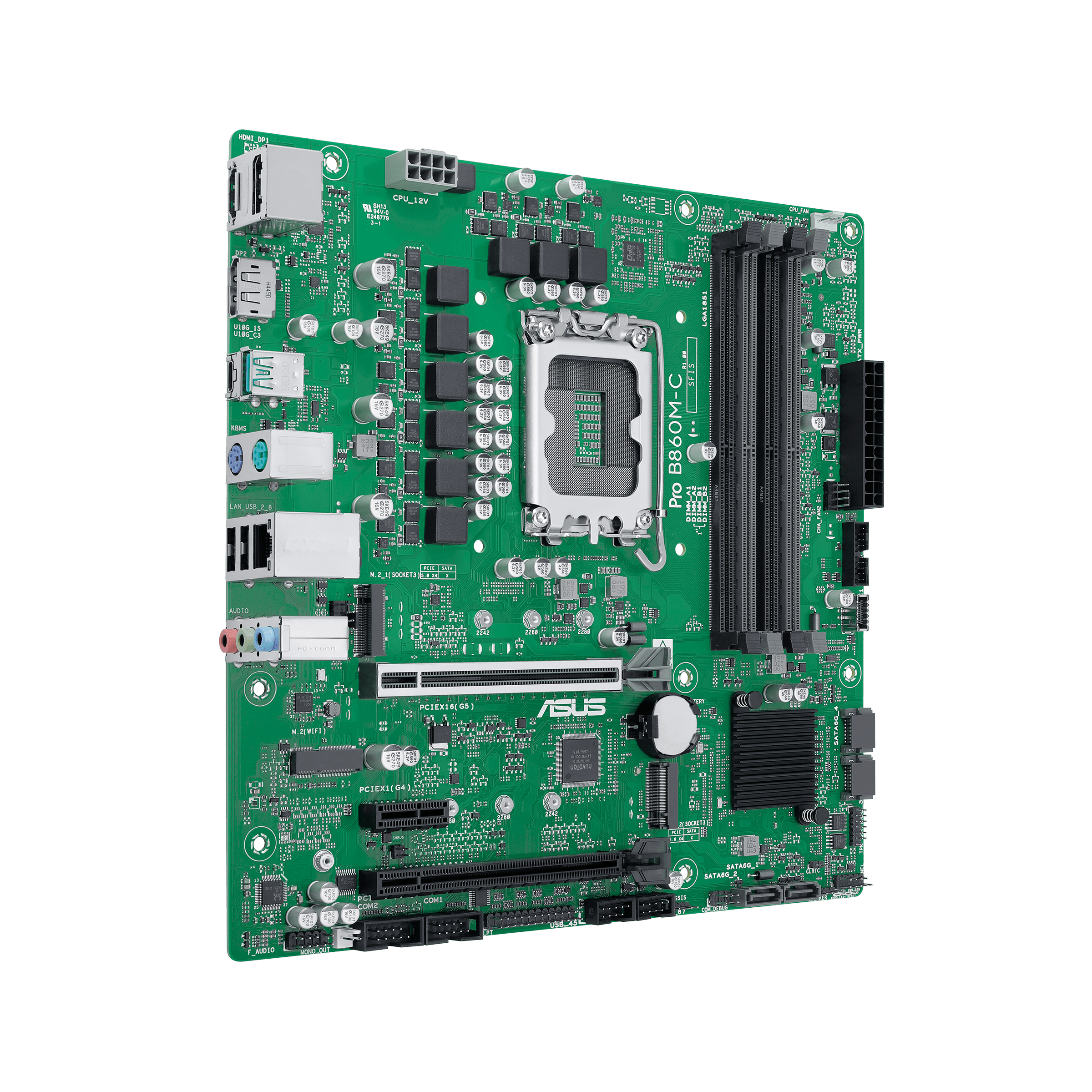 Grüne Asus Pro B860M-C Hauptplatine mit CPU-Sockel, RAM-Steckplätzen und Anschlüssen auf schwarzem Hintergrund.