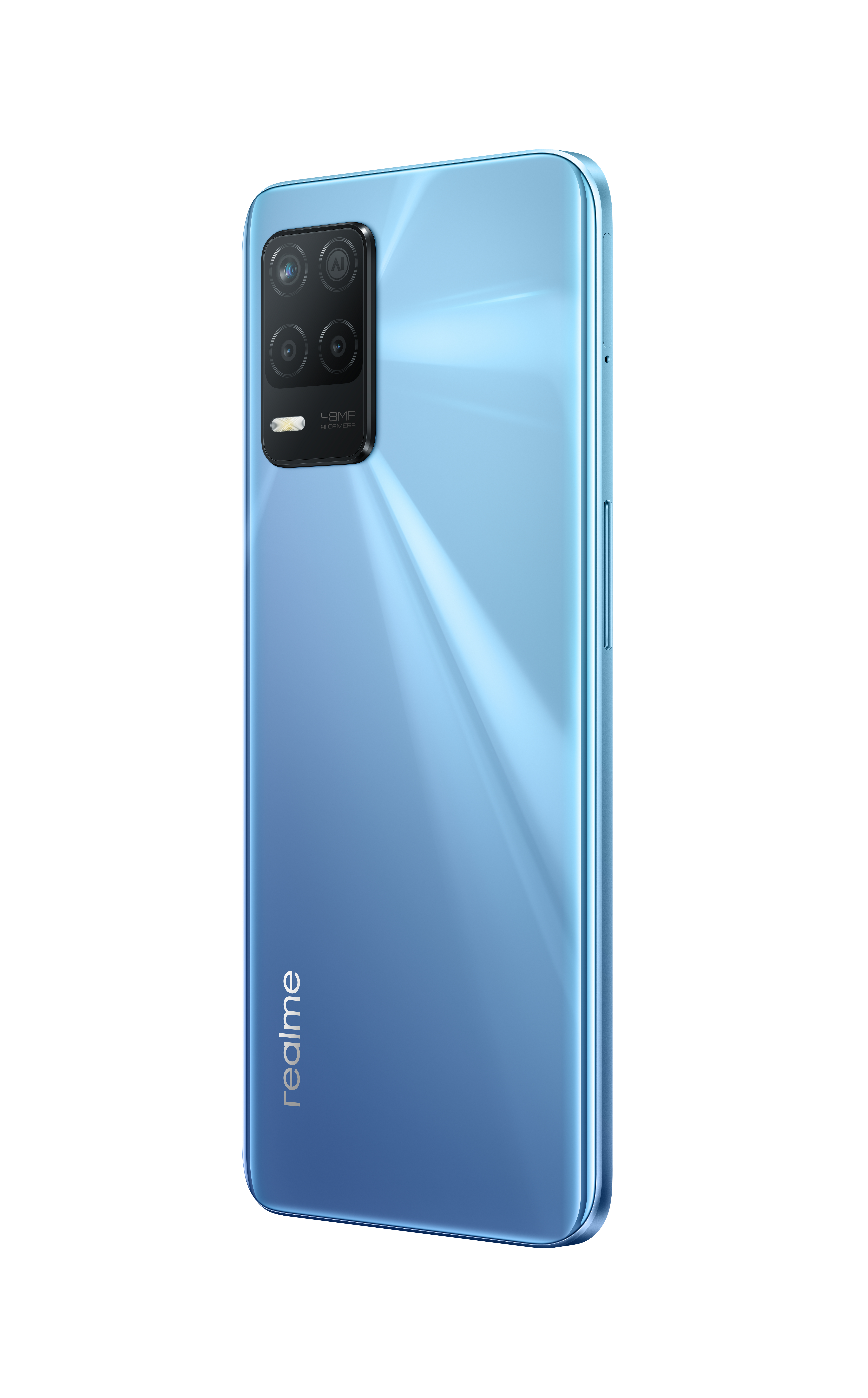 Rückseite eines blauen Realme-Smartphones mit rechteckigem Vierfachkamera-Modul.