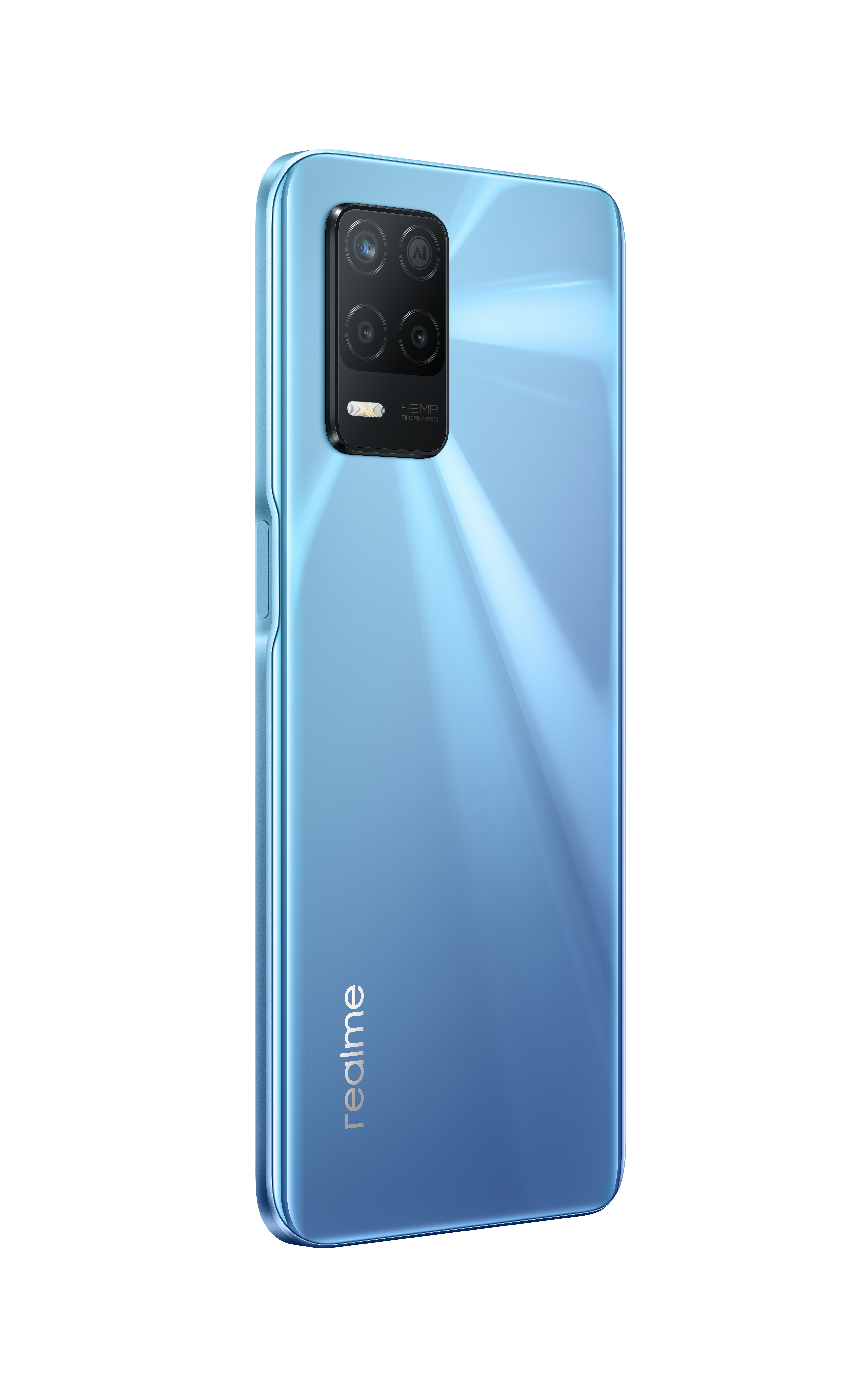 Rückseite eines hellblauen Realme-Smartphones mit vier Kameras oben links und dem Realme-Logo unten.